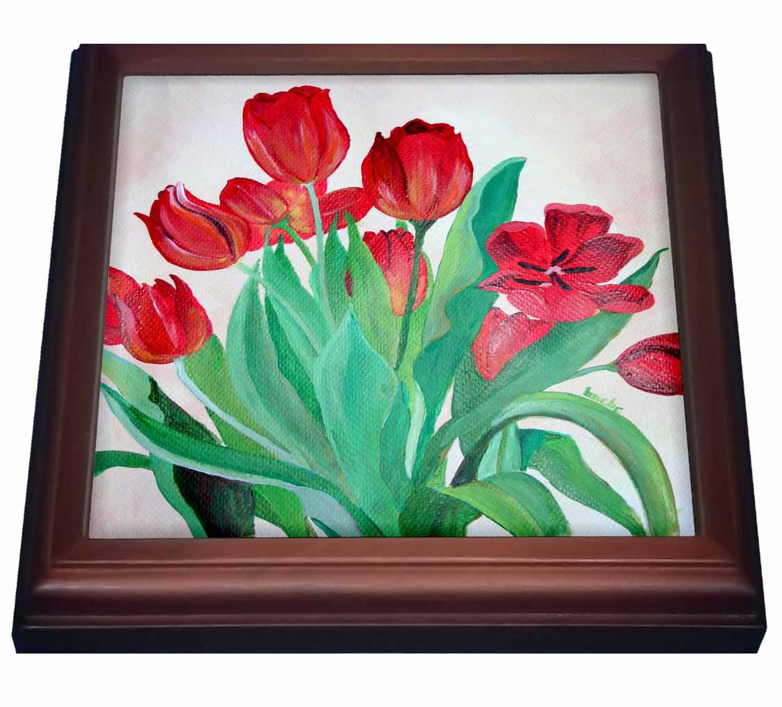 3D Rose Ceramic Tile Trivet - 8x8 Inch Brown Decorative Hot Plate with Red Tulip Bouquet Design for Kitchen, Dining Table, and Home Decor
