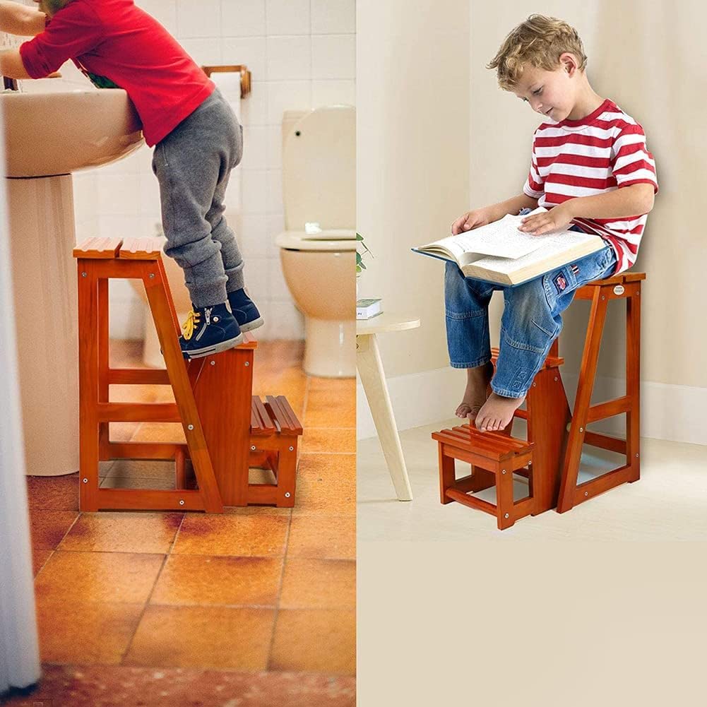 Indoor Climbing Step Stool - Foldable Wooden Ladder Stool for Home, Small Foot Stool with Seat - Perfect for Kitchen, Bathroom, and Kids' Safety Use