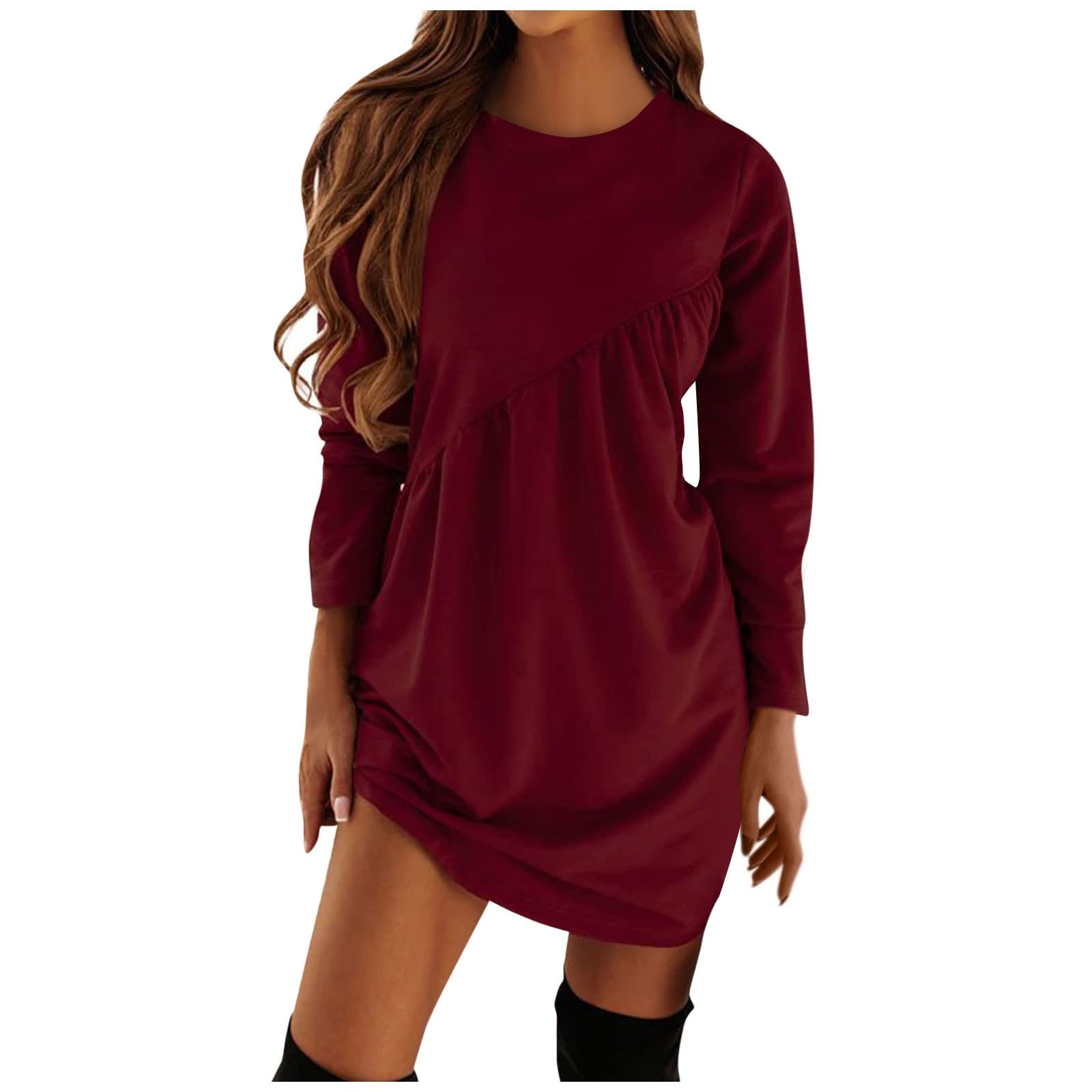 Mebamook Women's Long Sleeve Solid Color T-Shirt Dress - Winter 2022 Casual Round Neck Irregular Hem Fall Dress for Work, Date Night & Holiday Outfits