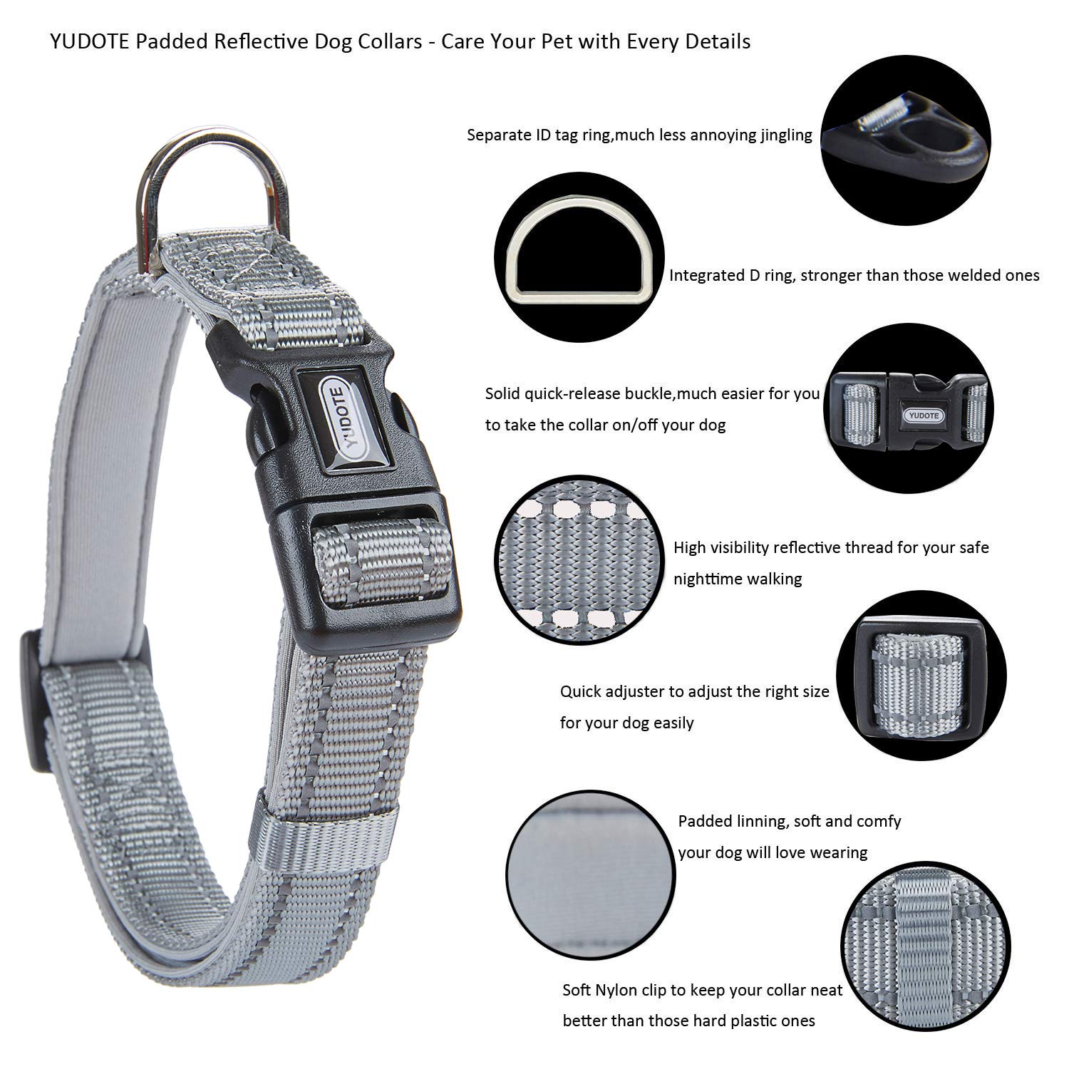 Reflective Nylon Dog Collar with Breathable Neoprene Padding - Adjustable Small Dog Collar (9.8