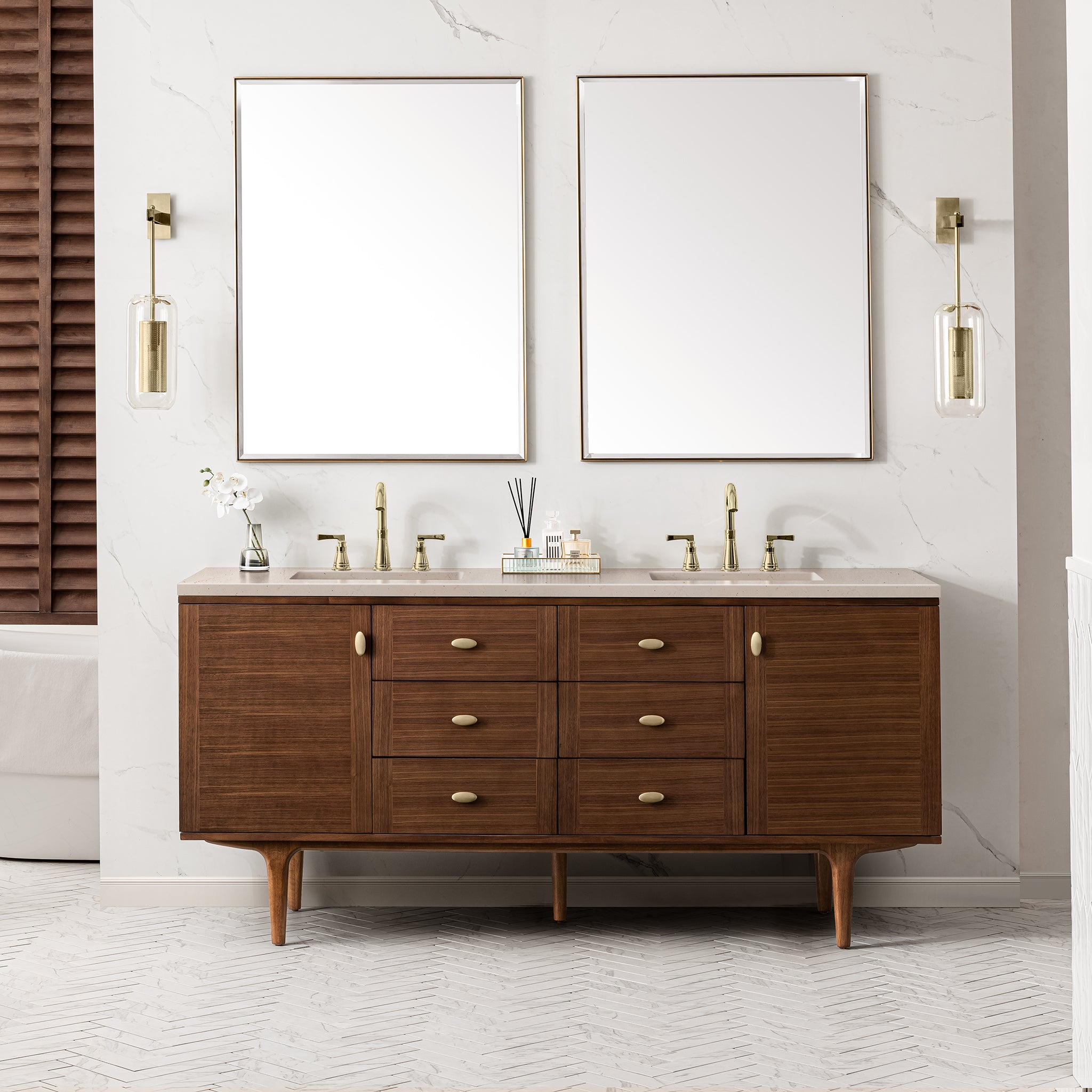Amberly 72 Inch Double Vanity with 3CM Eternal Marfil Top - Mid Century Modern Walnut Bathroom Vanity for Master Bath & Guest Bathroom