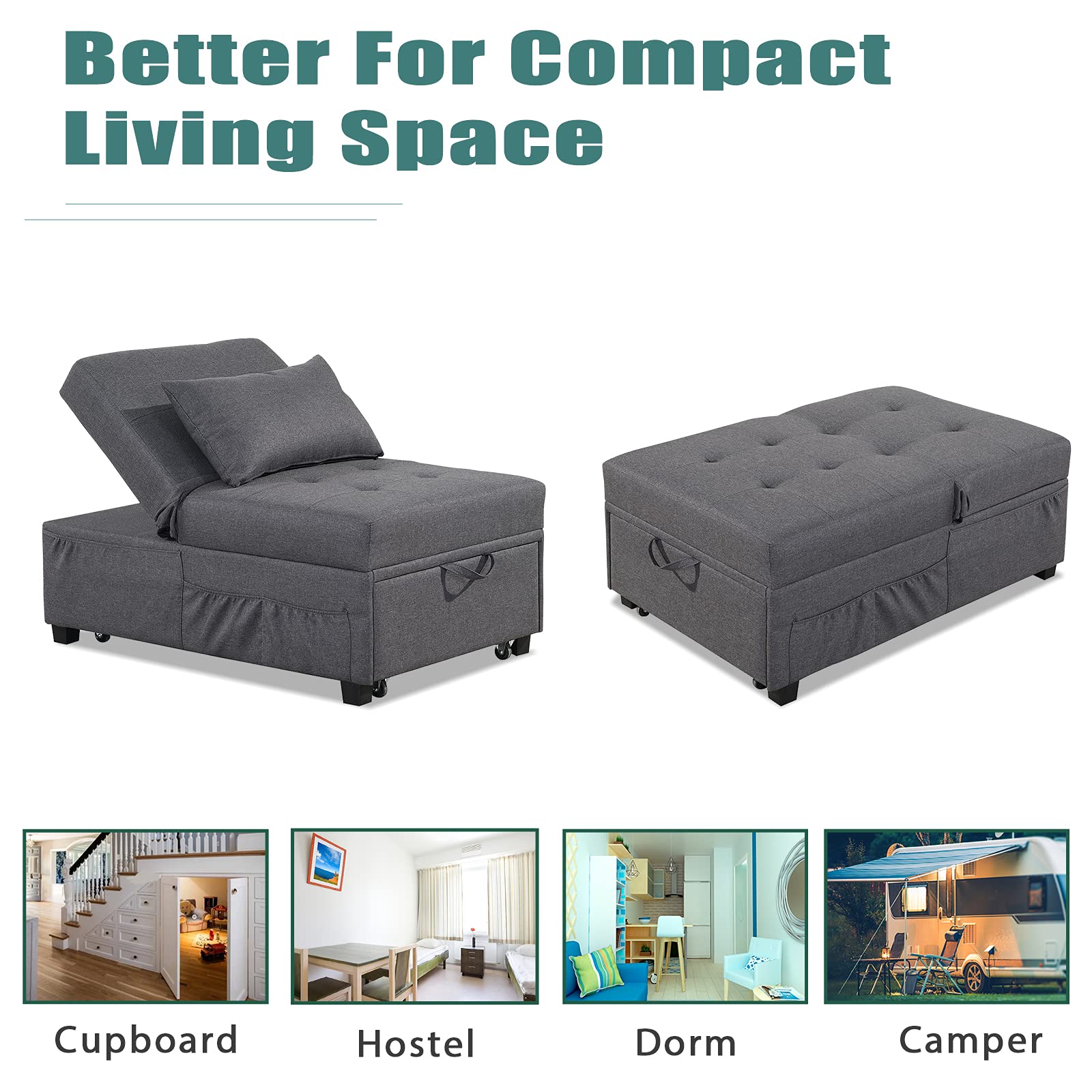 2-in-1 Convertible Sleeper Chair Bed Set with Tufted Ottoman, Pillow & Side Pockets - Space Saving Armless Sofa Bed for Small Apartments, Guest Rooms & Home Offices