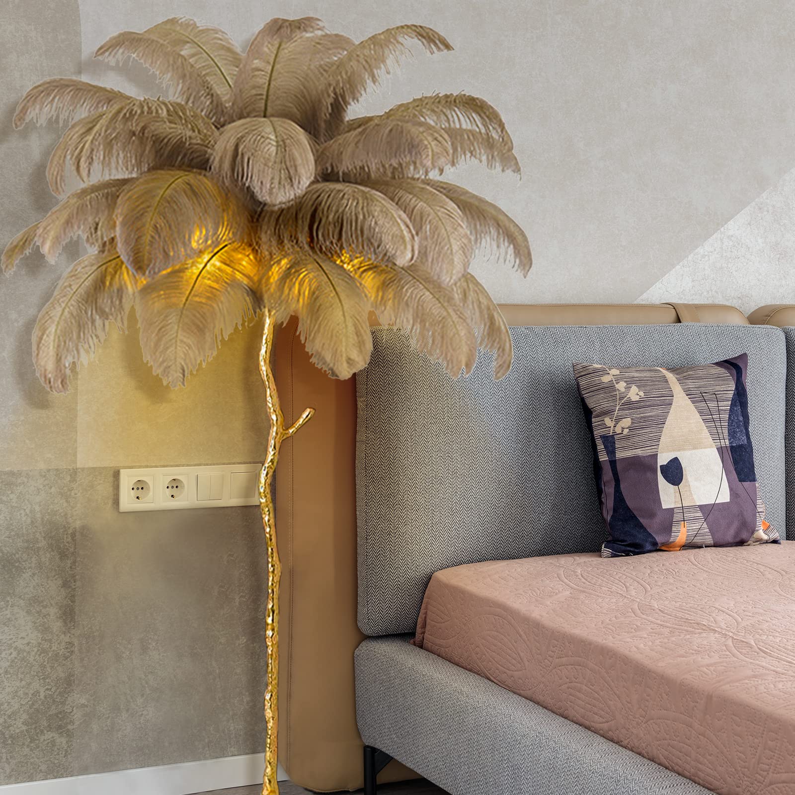 Natural Ostrich Feather Floor Lamp - Modern LED Dimmable Standing Light for Bedroom, Living Room & Office | 47-inch Tall Corner Lamp with Romantic Ambience | Perfect for Reading, Dining & Home Decor (Brown)