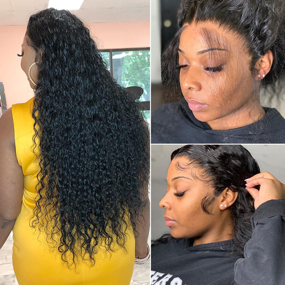 34 Inch Long Brazilian Virgin Human Hair Wig - Water Wave Lace Front Wigs with 180% Density & 4X4 Curly Lace Closure | Glueless Pre-Plucked with Baby Hair | Natural Black | Perfect for Daily Wear, Cosplay, and Special Occasions