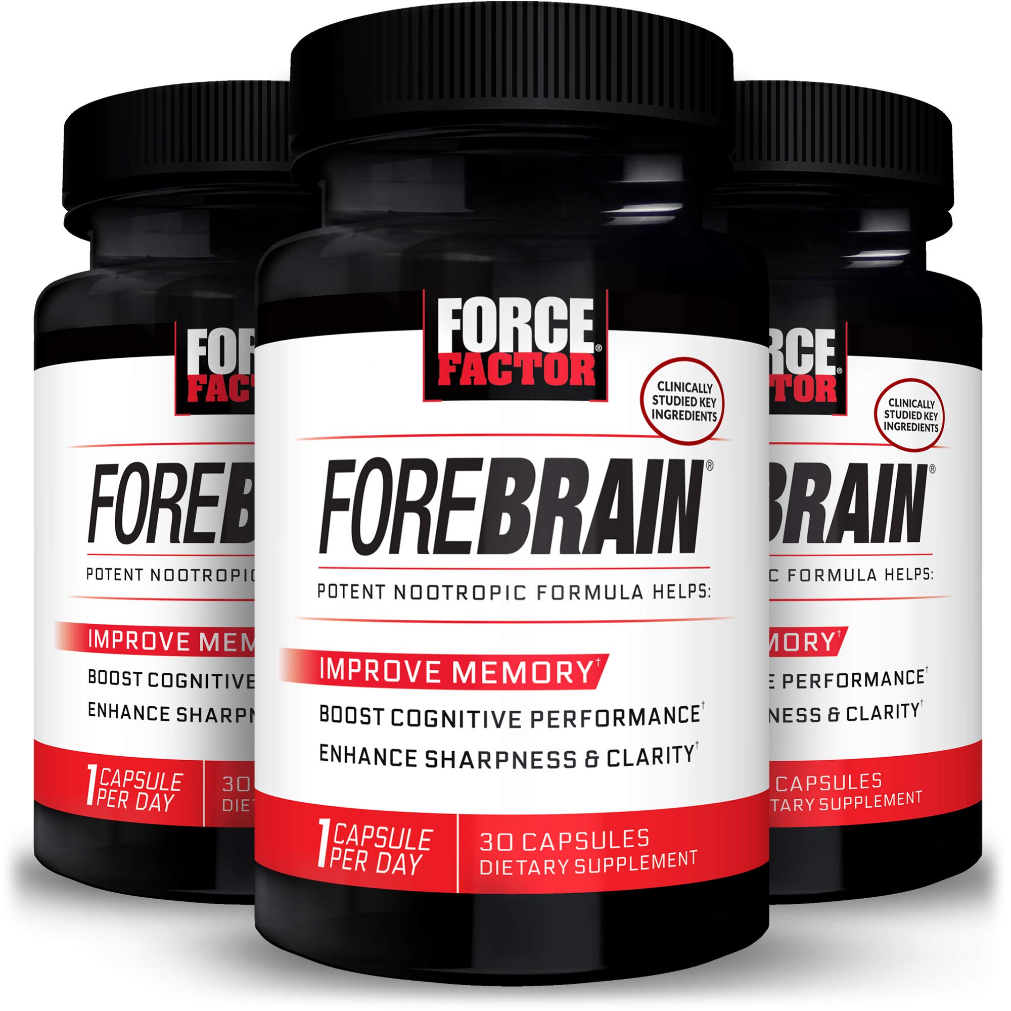 FORCE FACTOR Forebrain Nootropic Brain Supplement with Caffeine, Bacopa & Huperzine A - 90 Capsules (3-Pack) | Enhance Focus, Memory & Mental Clarity | Ideal for Students, Professionals & Gamers