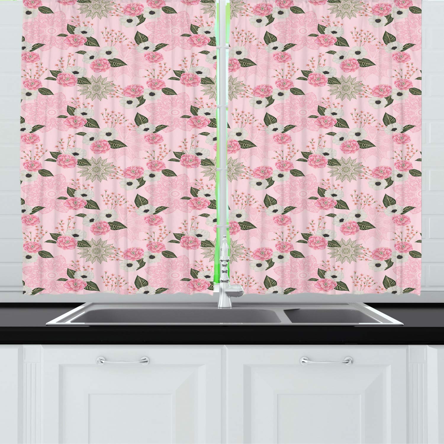 Ambesonne Floral Long Kitchen Curtains - Romantic Spring Pastel Mandala Camellia Flower Design, 2 Panel Rod Pocket Drapes for Windows, 55 x 45 Inches, Pale Pink & Peacock Green - Perfect for Farmhouse, Cottage & Boho Home Decor