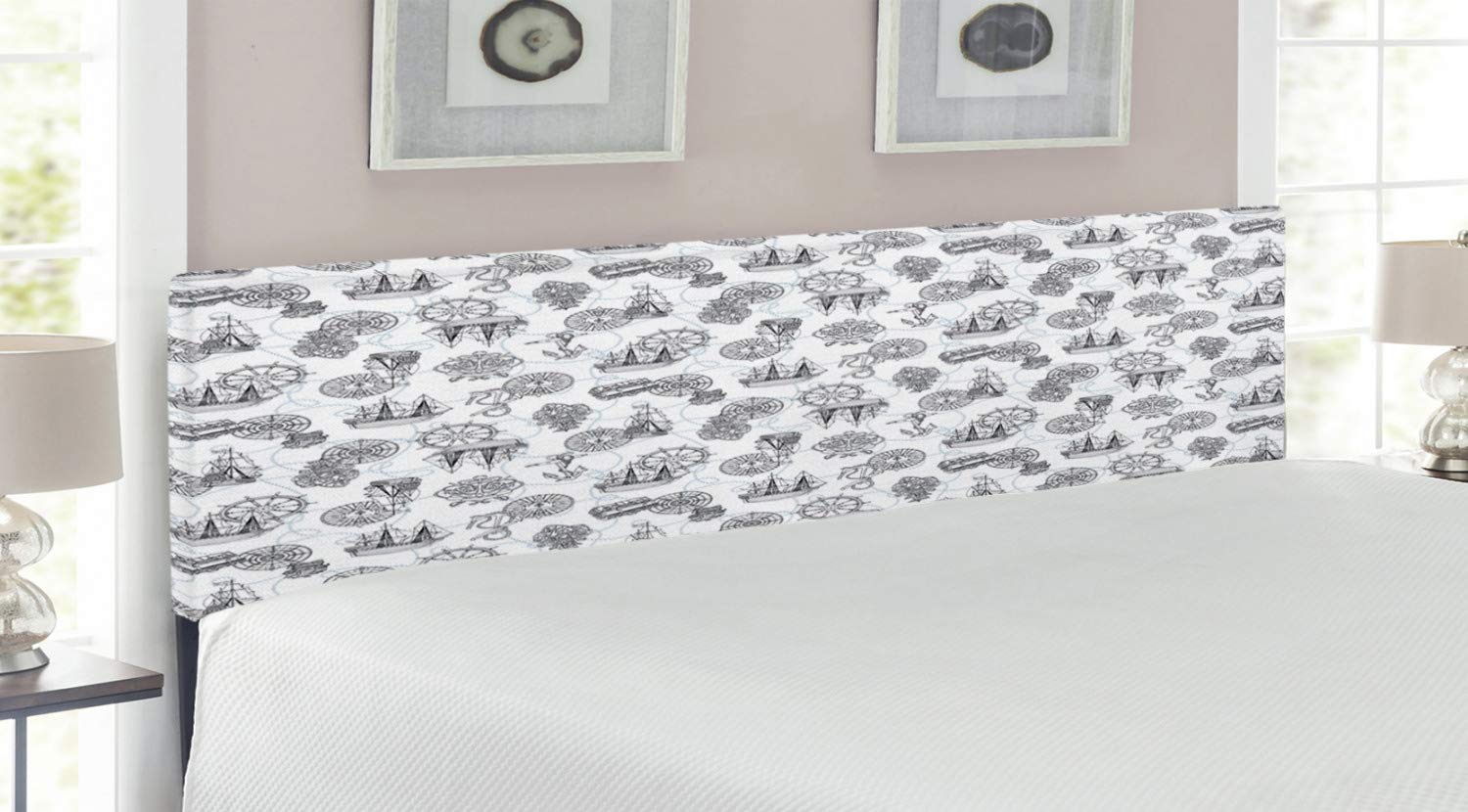 Ambesonne King Size Upholstered Headboard with Memory Foam - Nautical Compass & Sailing Boat Design in Black, Blue-Grey & White | Perfect for Coastal, Beach House or Maritime Themed Bedrooms