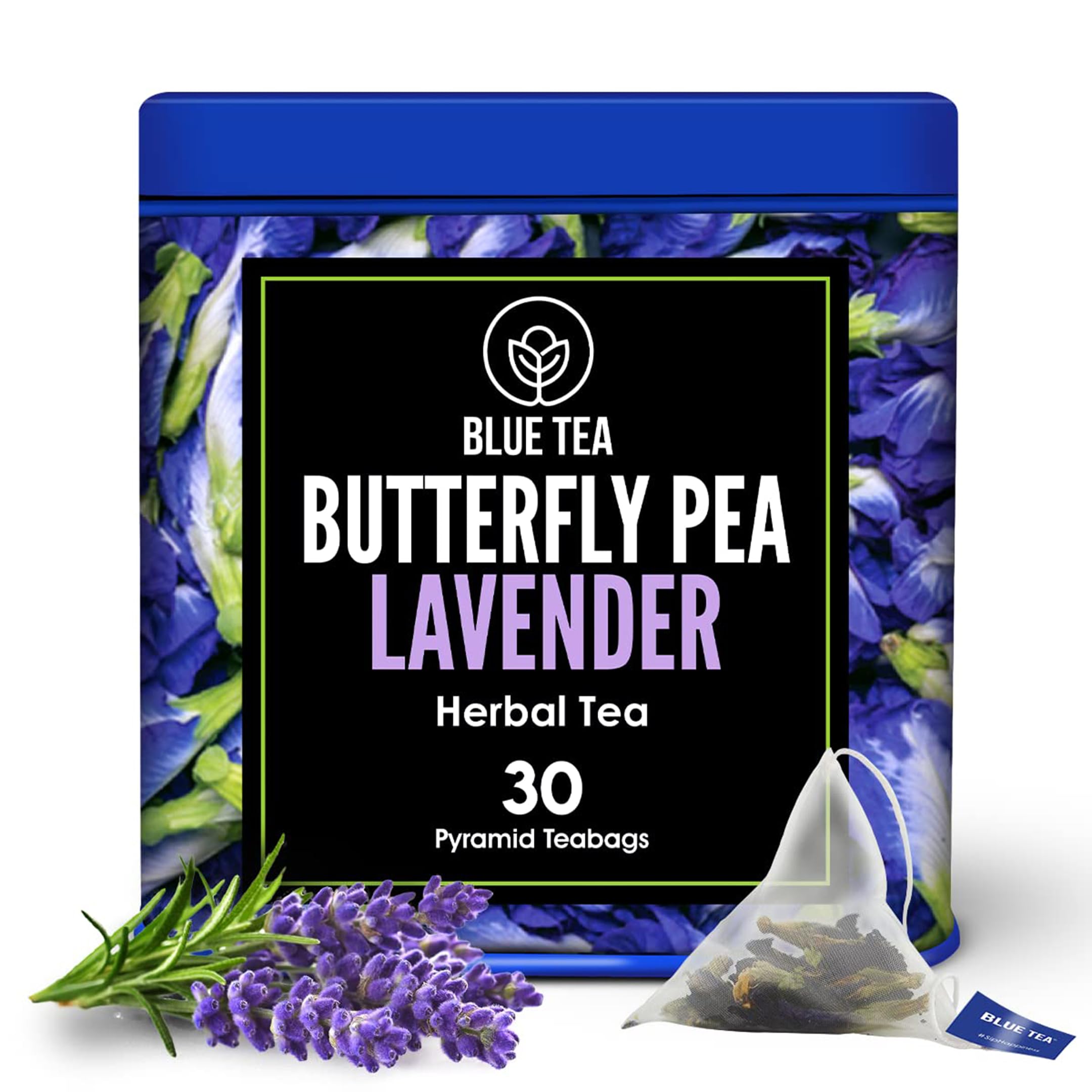 Organic Blue Butterfly Pea Flower Tea with Lavender - 30 Pyramid Tea Bags | Antioxidant Rich Herbal Tea | Caffeine Free, Vegan, Gluten Free, Non-GMO | Detox & Relaxation | Perfect for Stress Relief, Meditation & Wellness Rituals | Eco-Friendly Tin Packaging