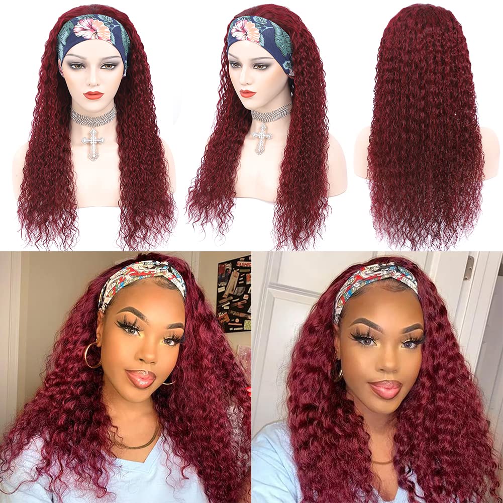 Eooma 10A 180% Density Brazilian Kinky Curly Headband Wig for Black Women - 26 Inch Burgundy #99J Human Hair Scarf Wig (No Gel/Glue) - Perfect for Daily Wear, Parties & Protective Styling