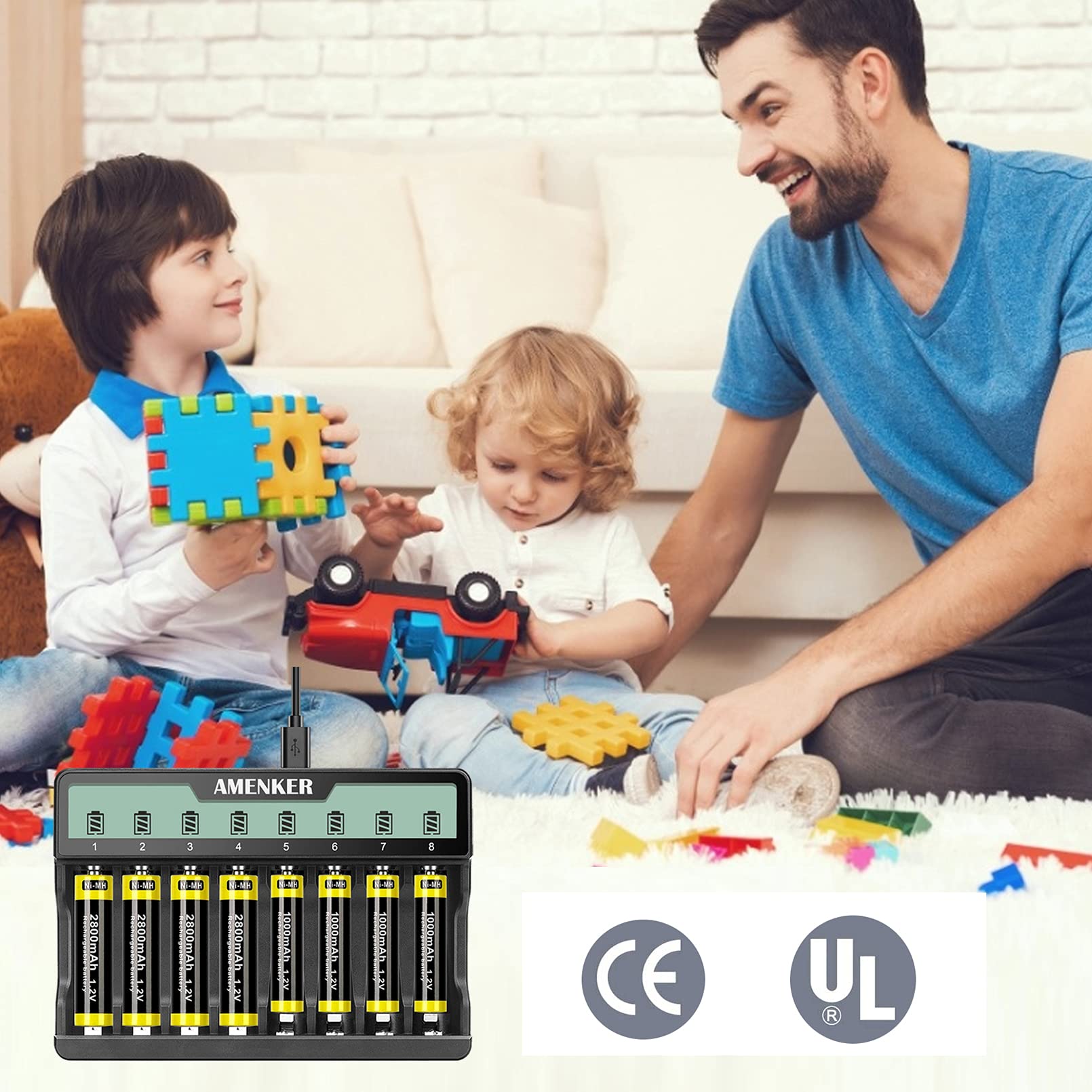 8 Bay AA AAA Battery Charger - Fast USB Charging for Ni-MH Rechargeable Batteries 1.2V with Independent Slots & USB Cable | Perfect for Cameras, Toys, Flashlights & Home Electronics (Battery Not Included)