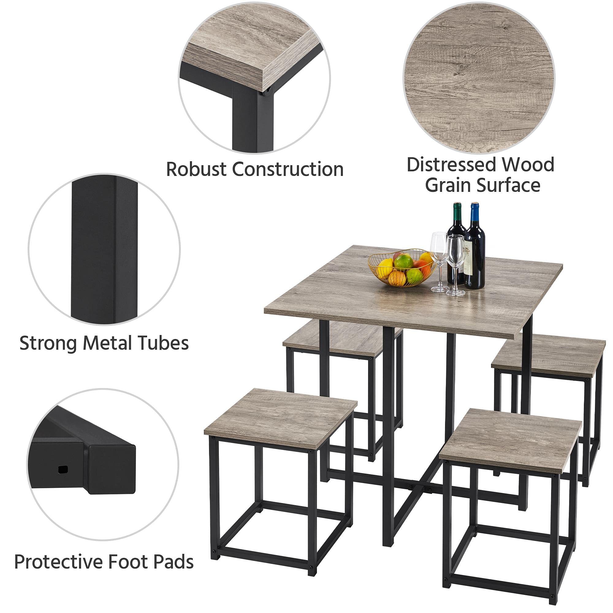 Yaheetech 4-Piece Industrial Dining Table Set with 4 Chairs - Space Saving Kitchen Table for Small Apartments, Breakfast Nook, Studio - Modern Gray Finish - Perfect for Compact Living Spaces & Cozy Meals