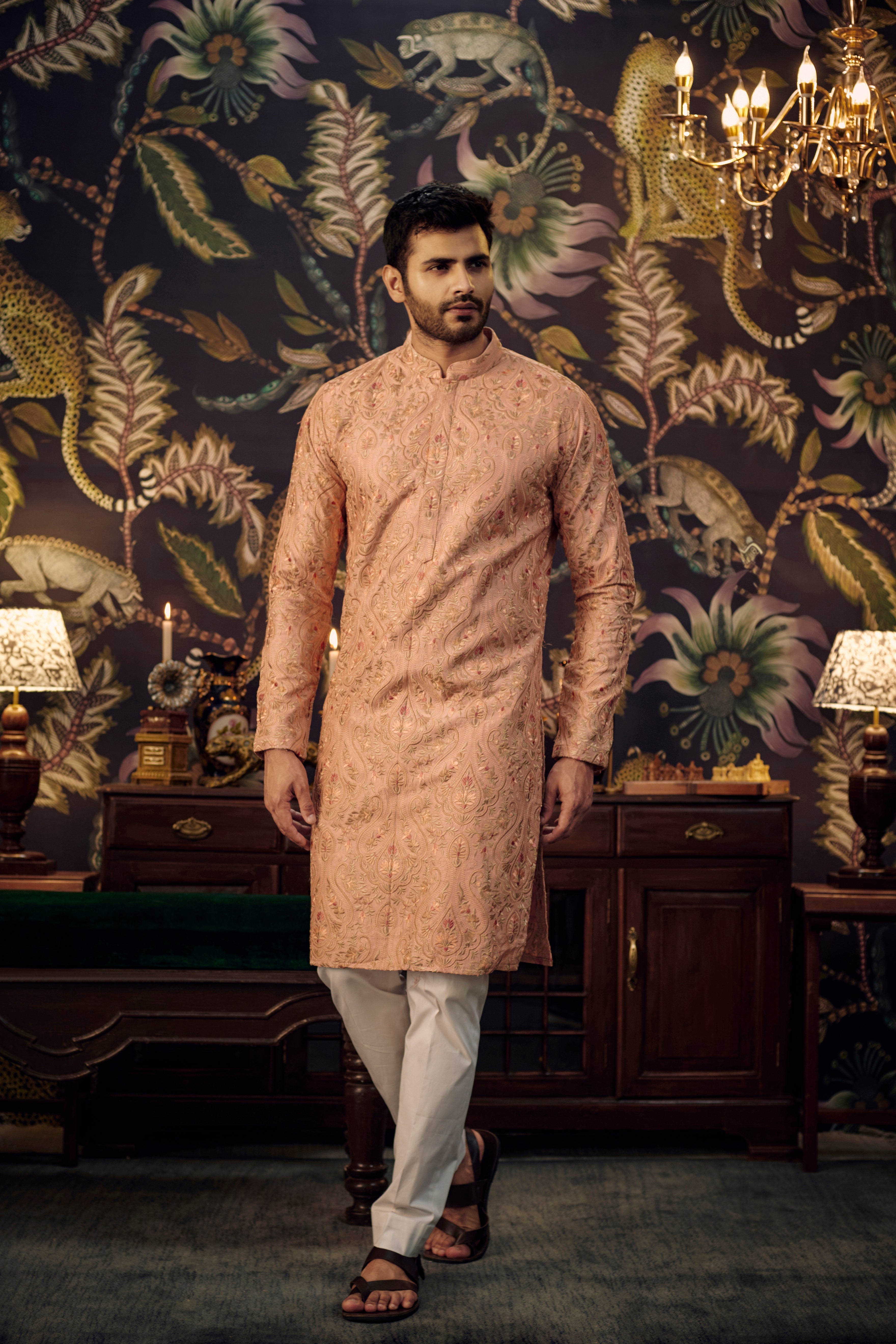 Exquisite Peach Kashmiri Embroidered Kurta with Intricate Multi-Thread Work - Perfect for Festivals, Weddings & Ethnic Fashion
