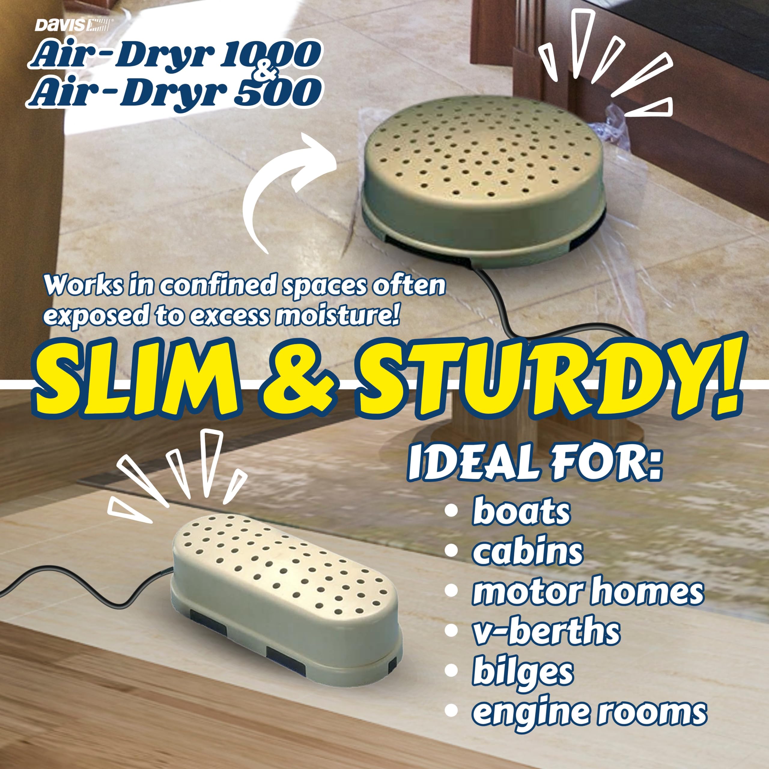 Davis Air-Dryr 500 & 1000 2-Pack Bundle - Ultra Quiet Dehumidifier for Moisture Control - Portable Air Dryer for RV, Camper, Bathroom, Bedroom, Closet - Perfect for Small Spaces, Travel & Home Use