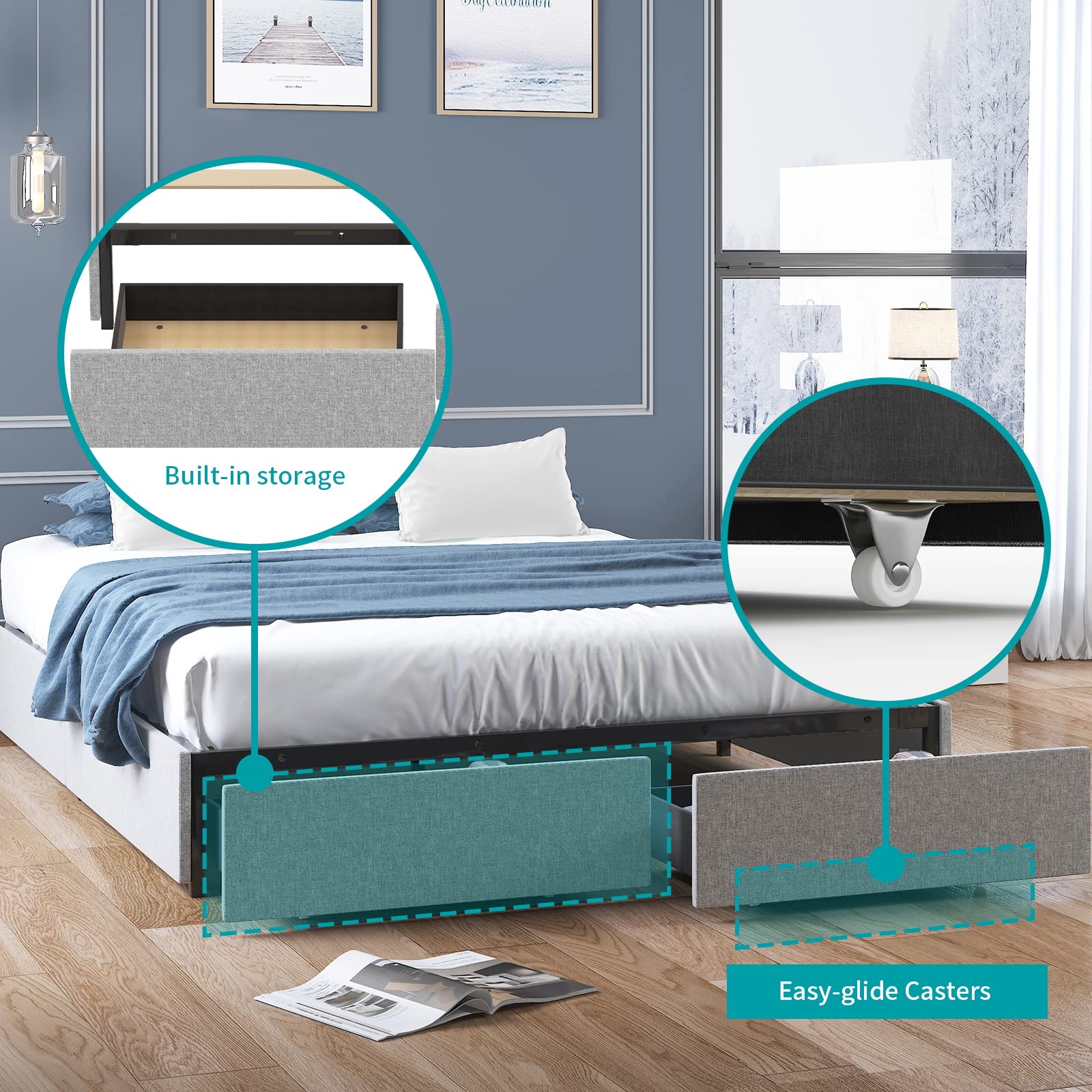 BALUS Queen Upholstered Platform Bed Frame with Storage Drawers - Heavy Duty Wood Slat Support, No Box Spring Needed, Noise Free & Easy Assembly, Light Grey - Perfect for Small Bedrooms & Guest Rooms with Extra Storage Space