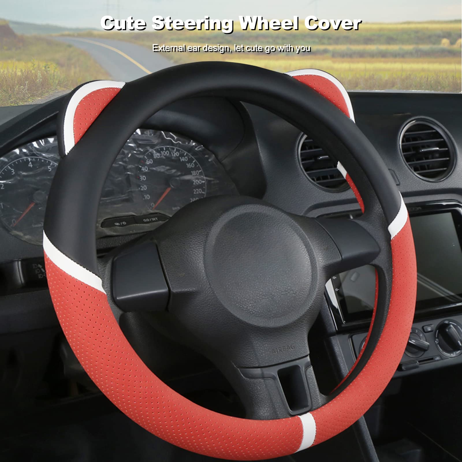 Ergocar D-Shaped Steering Wheel Cover - Cute Cartoon Cat Ears Design, Anti-Slip Microfiber PU Leather, Breathable Car Accessory for Women (15