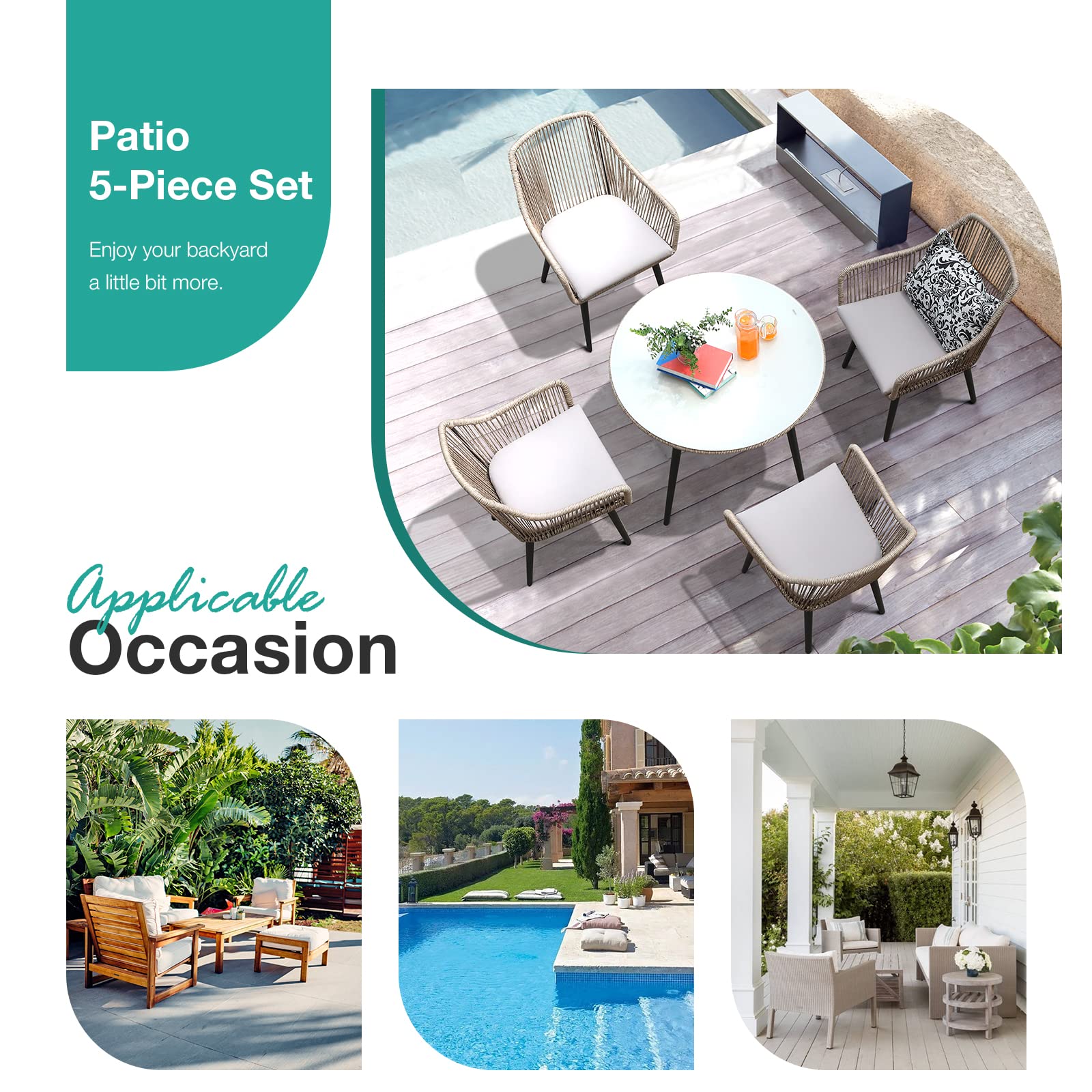 35'' Round Patio Dining Table - All-Weather Rattan Wicker with Tempered Glass Top & Umbrella Hole - Outdoor Coffee Table for Garden, Poolside, Backyard, Restaurant (Tan) | Perfect for Al Fresco Dining, Pool Parties & Outdoor Entertaining