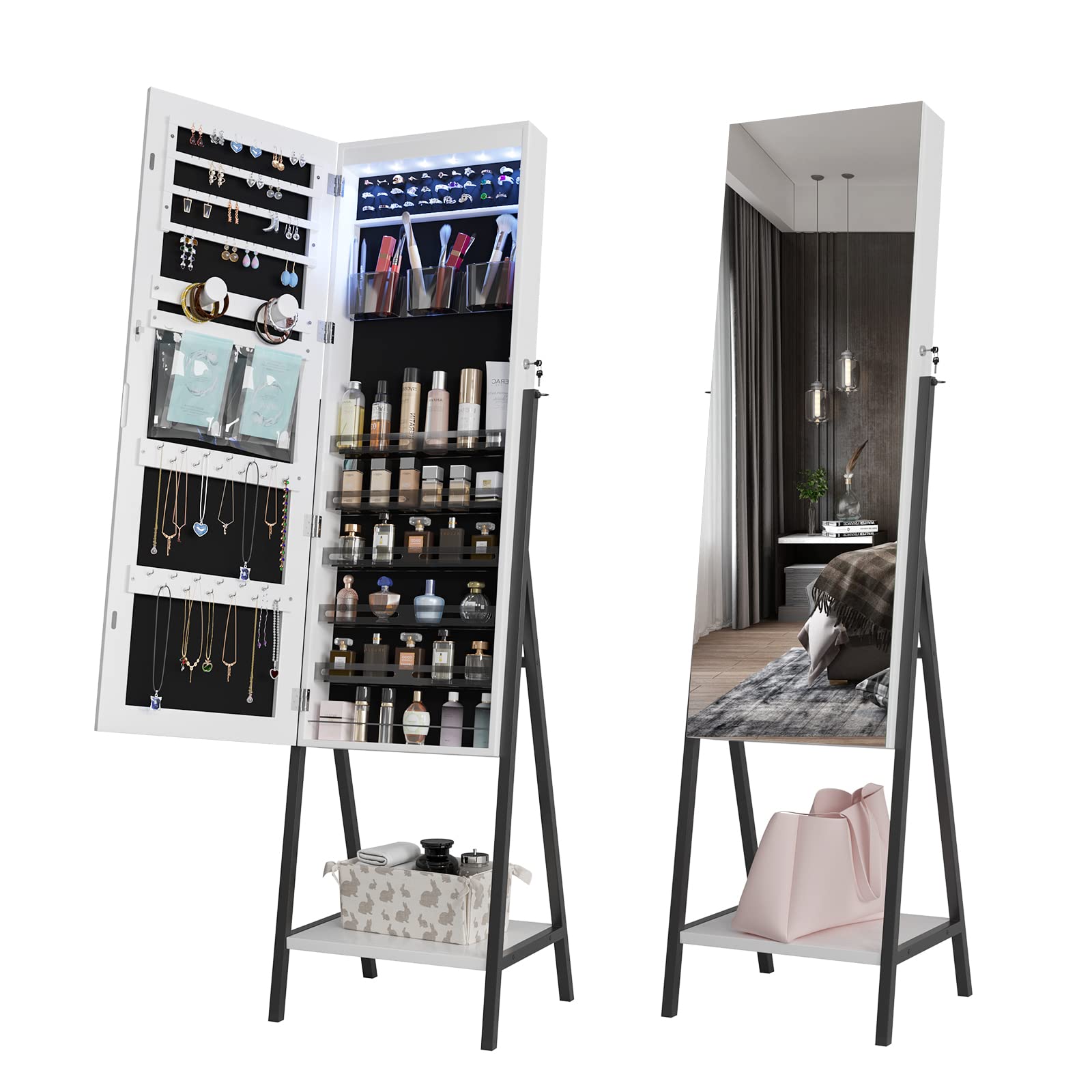 HNEBC 6-LED Jewelry Organizer Stand with Mirror - Large Jewelry Storage Cabinet, Jewelry Armoire with Full Length Mirror & Storage - Perfect for Bedroom, Dressing Room, and Closet Organization