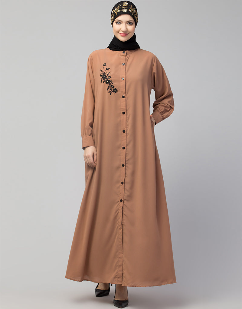 Elegant Black Embroidered Arabic Front Open Casual Abaya in Skin Color - Perfect for Daily Wear, Prayer, and Special Occasions