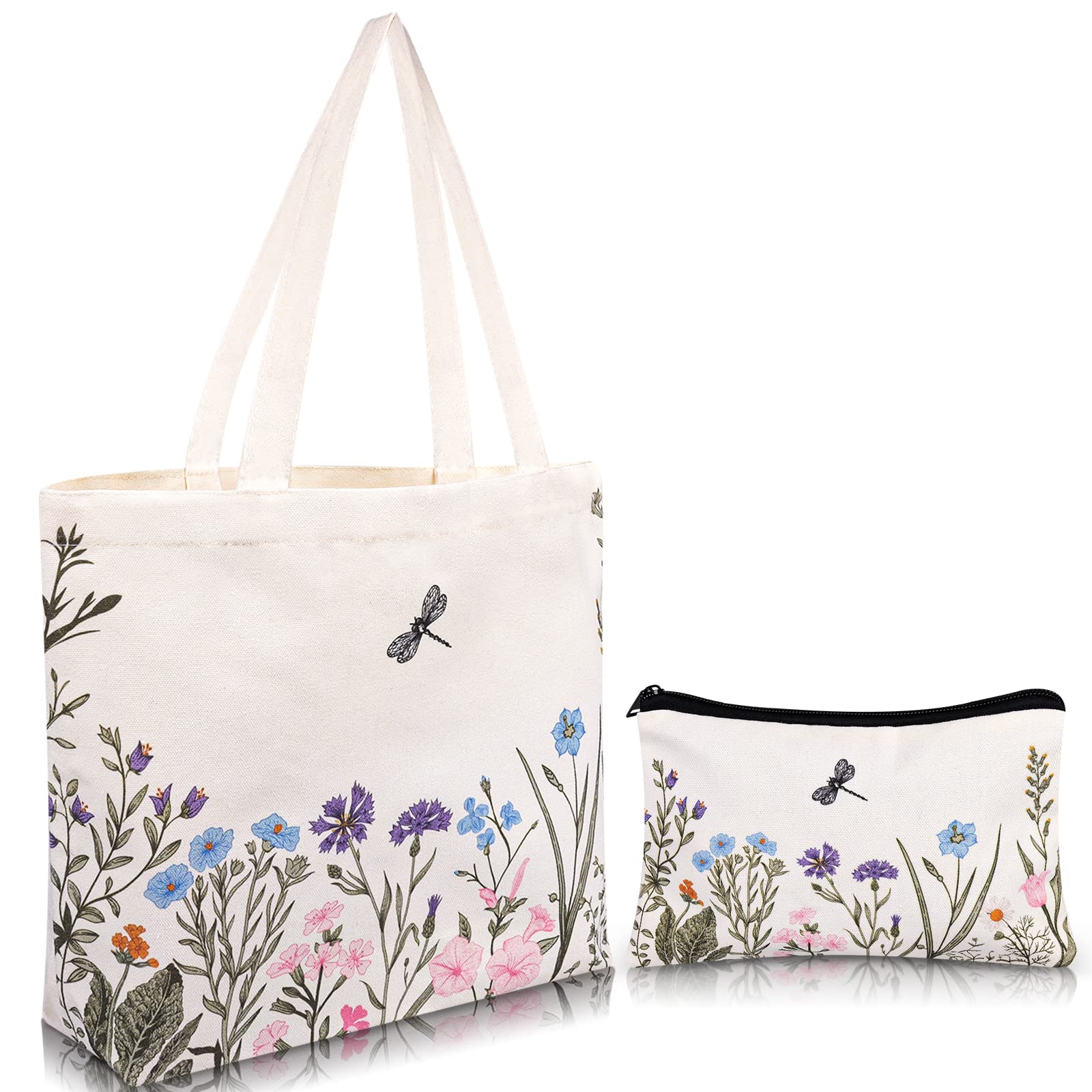 VAIPI Reusable Canvas Tote Bag for Women - Eco-Friendly Grocery Shopping Bag with Matching Makeup Pouch (Floral Print) - Perfect for Farmers Market, Beach Trips & Daily Errands