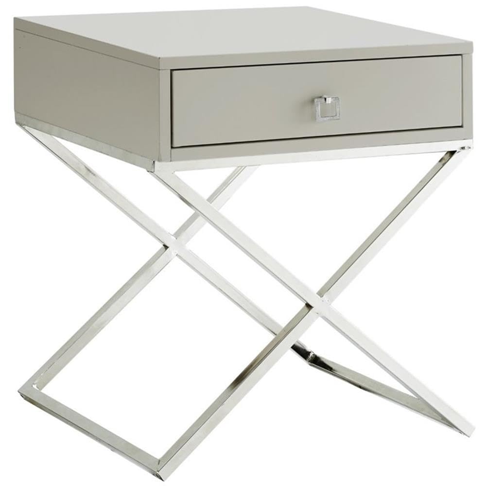Brianna 1-Drawer Nightstand with X-Metal Legs in Gray/Chrome - Modern Bedside Table for Bedroom, Living Room & Office - Compact Storage Solution with Sleek Design
