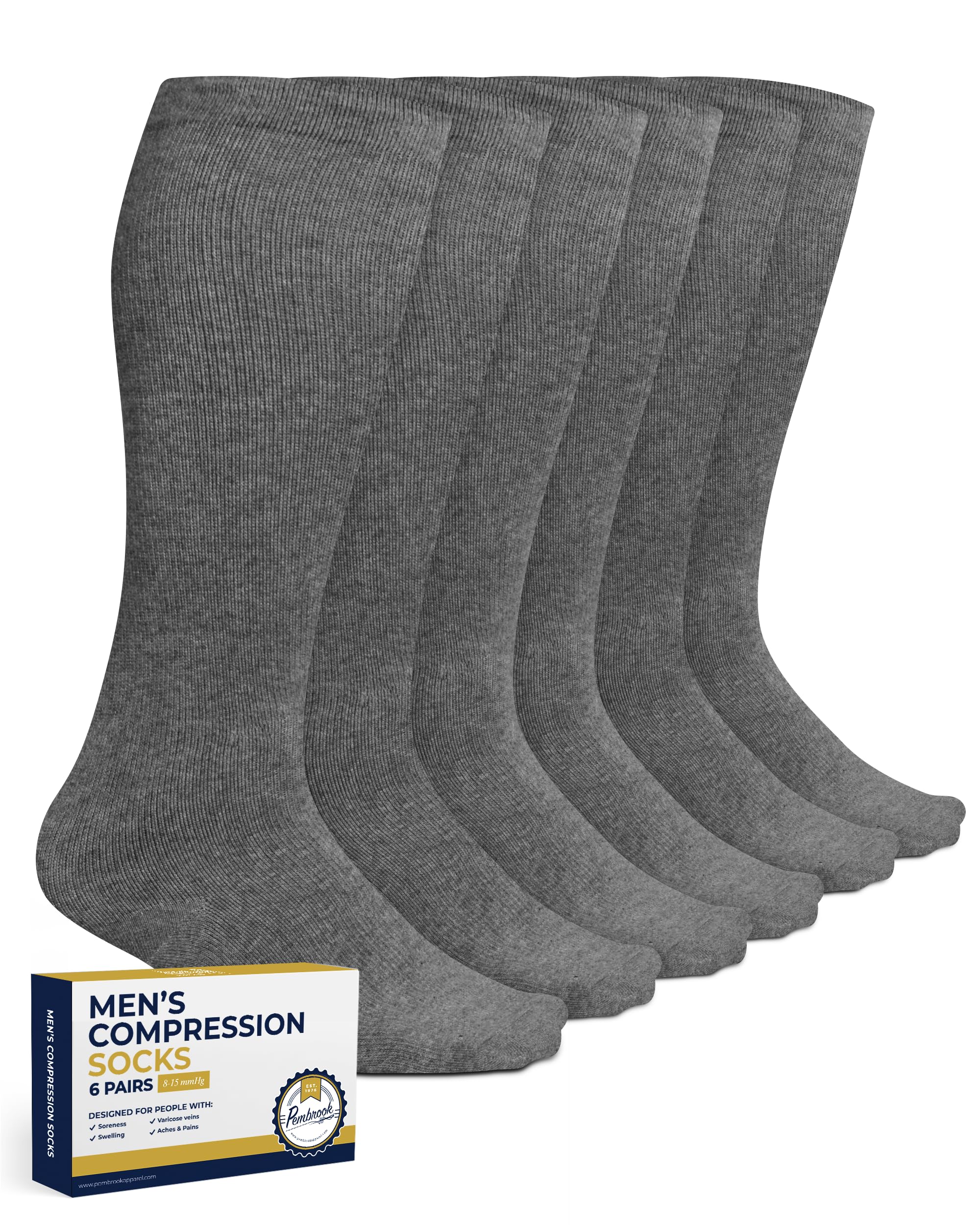 Pembrook Men's Light Compression Socks 6-Pack (8-15 mmHg Graduated Support) - Ideal for Running, Travel & Circulation - Size 9-12