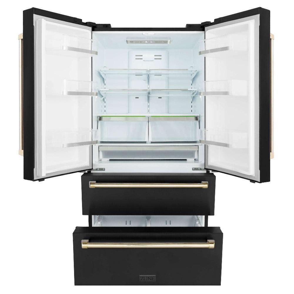 ZLINE Autograph Edition 36-Inch Counter Depth French Door Refrigerator - 22.5 cu. ft. Capacity, Fingerprint Resistant Black Stainless Steel, Polished Gold Handles with Built-In Ice Maker | Perfect for Modern Kitchens, Entertaining & Large Family Storage (RFMZ 36 BS G)