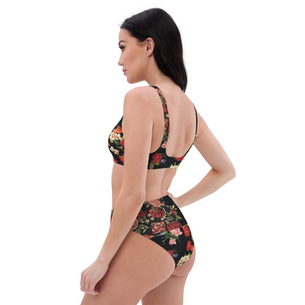 Eco-Friendly High Waisted Bikini Set for Women - Recycled Fabric Swimwear Tops & Bottoms in Coal Black with Botanic Floral Print | Perfect for Beach Vacations, Pool Parties & Summer Getaways