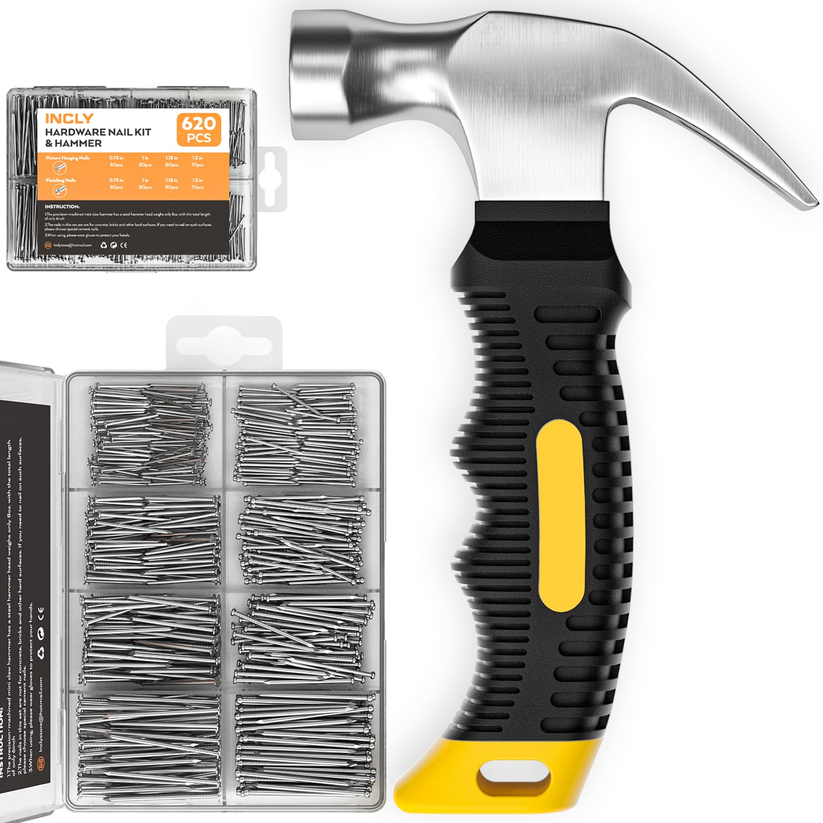 INCLY 620-Piece Picture Hanging Kit with 8oz Claw Hammer - Includes 310 Wall Nails & 310 Finish Nails - Assorted Hardware Nails Set with Storage Case - Perfect for Home Decor, Photo Frames, and DIY Wall Art Projects