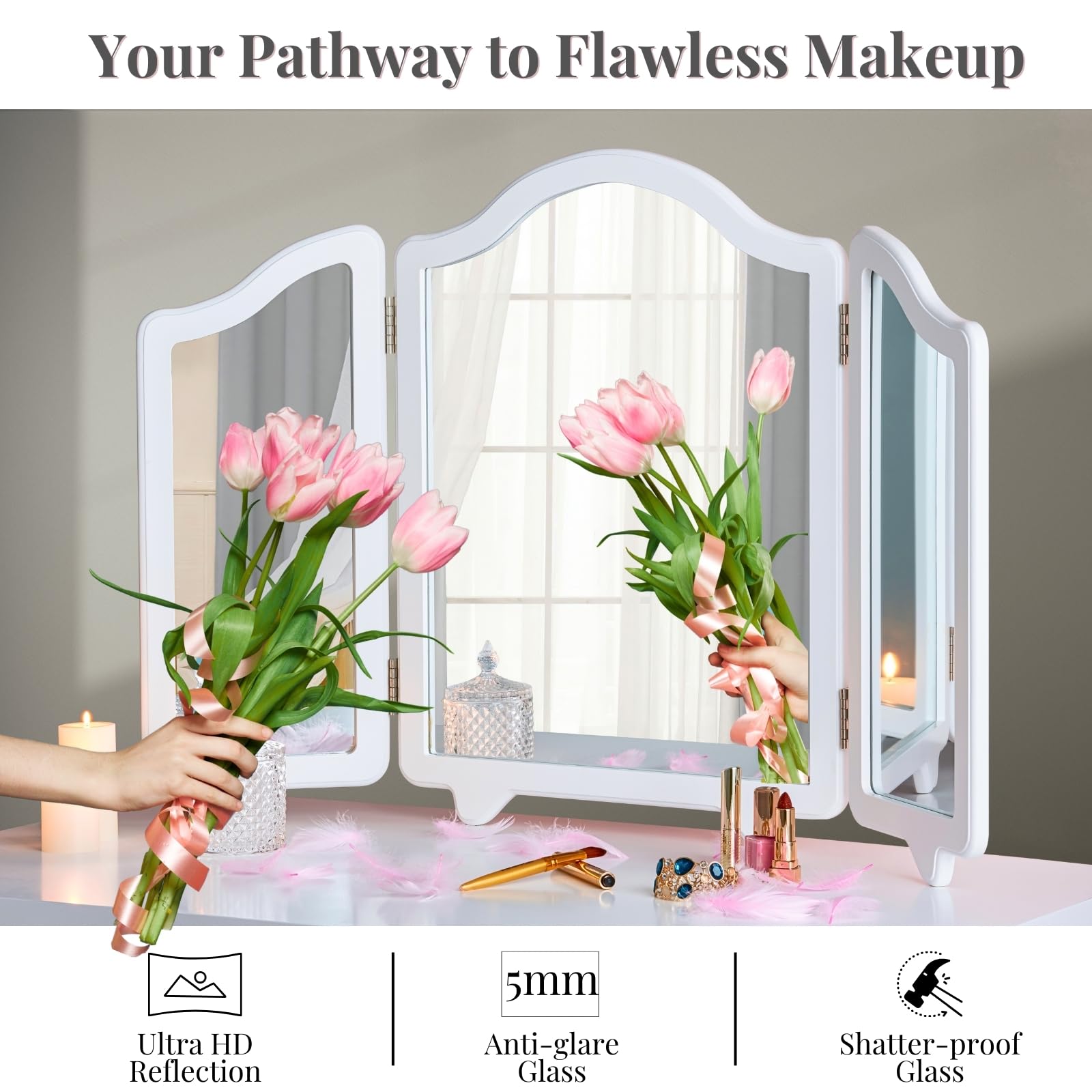 LUXFURNI Hollywood Vanity Mirror - Large 3-Side Folding Makeup Mirror with Lights, Adjustable Tabletop Mirror for Dressing Room & Bathroom (White) - Perfect for Makeup Application, Hairstyling & Skincare Routine