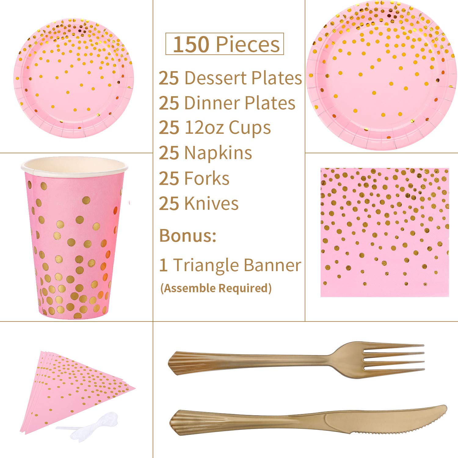 Elegant Pink & Gold Party Supplies Set - 150PCS Golden Dot Paper Dinnerware Includes Plates, Napkins, Cutlery & 12oz Cups with Banner - Perfect for Bachelorette Parties, Girls Birthday Celebrations & Baby Showers (Serves 25 Guests) - Ideal for Bridal Showers, Gender Reveals & Elegant Themed Events