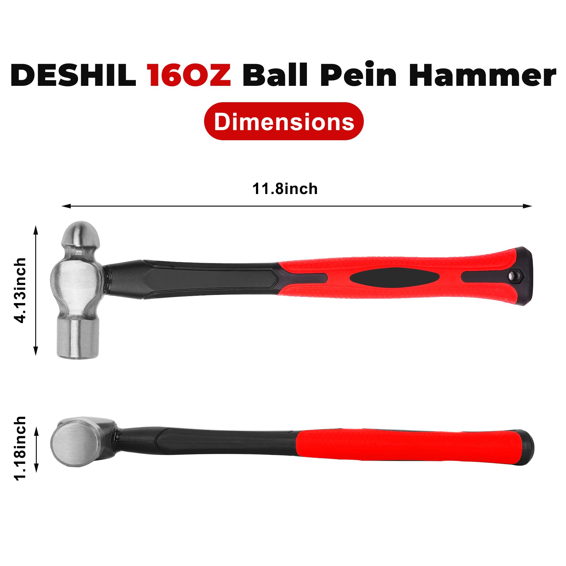 16 oz Ball Peen Hammer - Drop Forged Steel Construction with Shock Reduction Grip - Professional Metalworking & Woodworking Tool for DIY Projects, Automotive Repair, and Blacksmithing