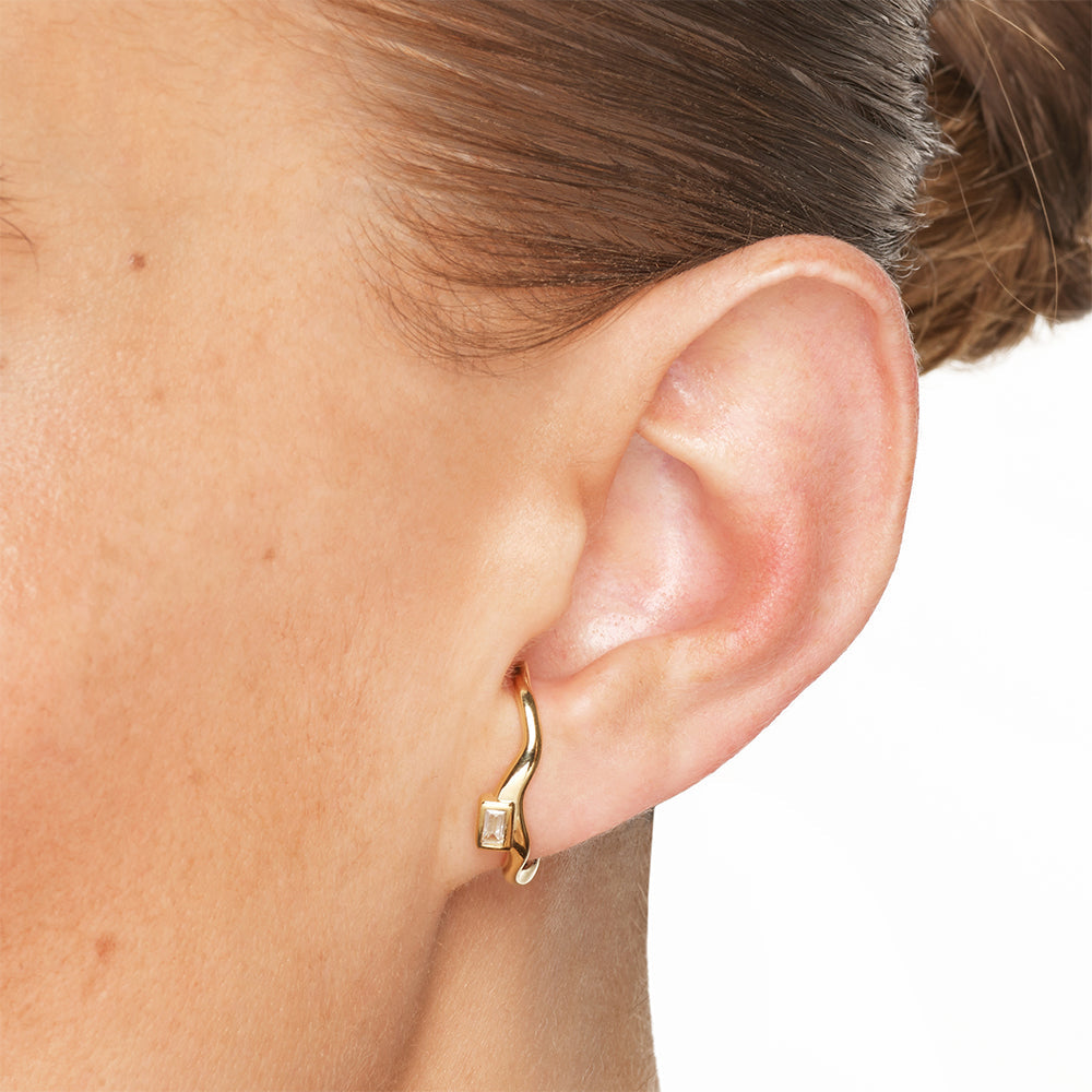 White Topaz Baguette Wave Suspender Bar Earrings in Gold - Elegant Dangle Earrings for Women, Perfect for Weddings, Parties & Evening Events