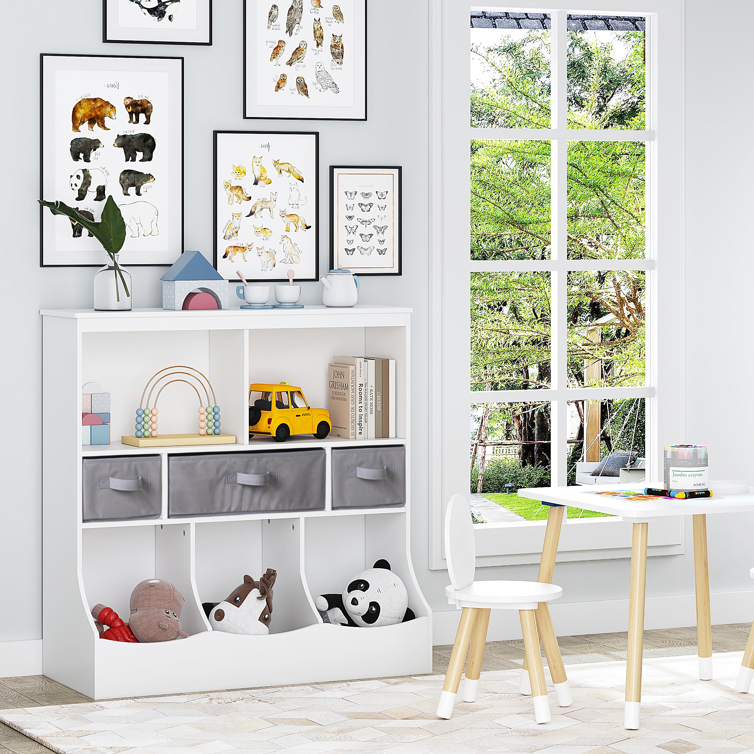 UTEX Kids Toy Storage Organizer with Bookcase - 8 Compartments & 3 Baskets, White Multi-Shelf Cubby for Books, Toys & Games - Perfect for Playrooms, Bedrooms & Daycare Centers