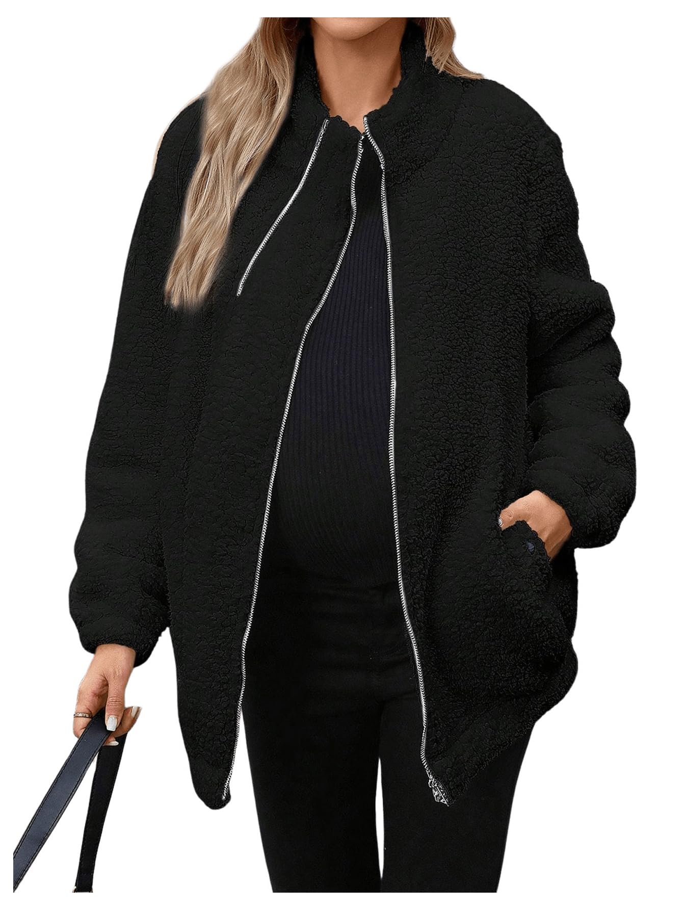 SOLY HUX Women's Maternity Winter Coat - Fleece Lined Zip Up Jacket for Pregnant Women | Pregnancy Coat Extender | Warm Outerwear for Winter Pregnancy, Nursing & Everyday Use