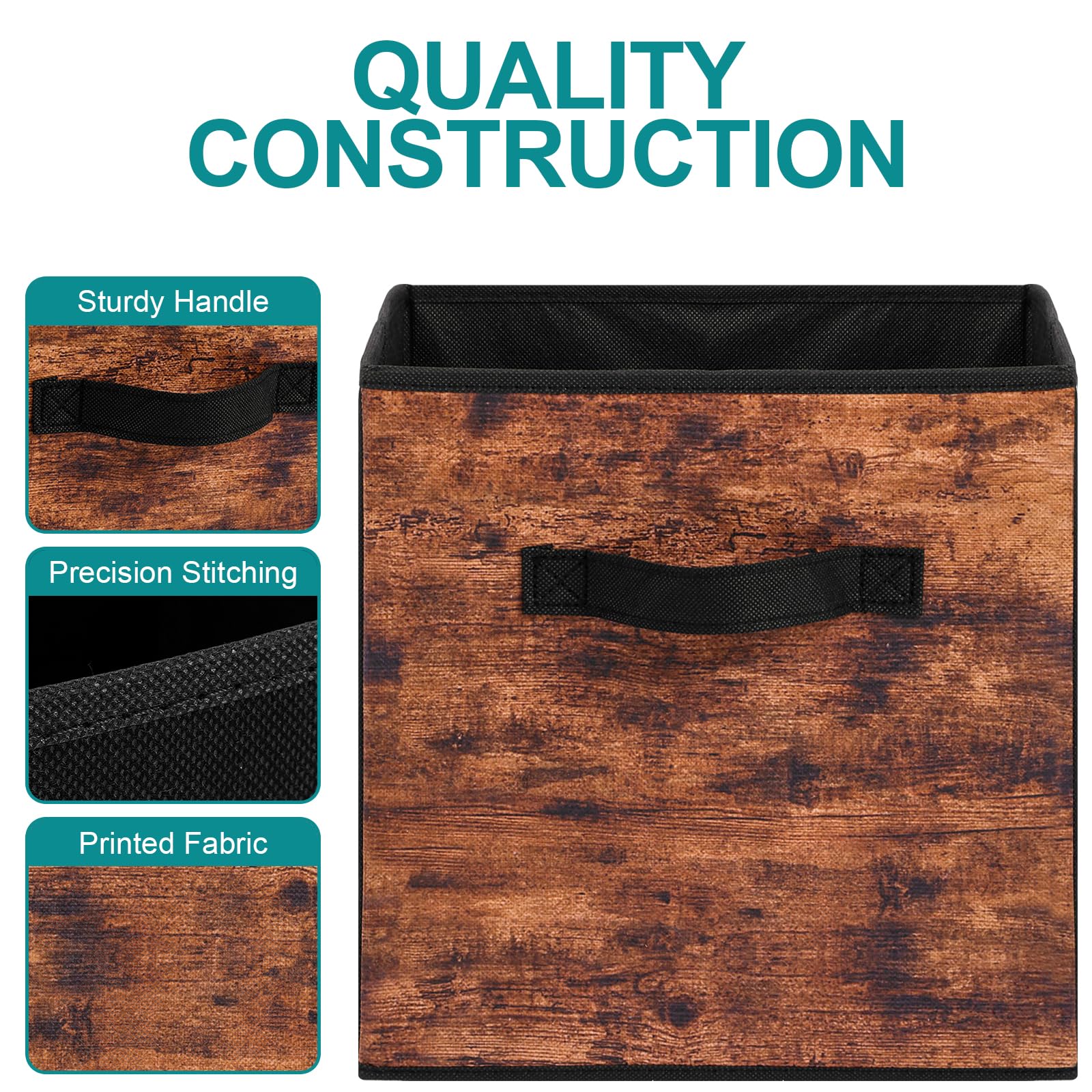Stereo Fabric Storage Cubes, 6-Pack Foldable Closet Organizer Bins with Handles - 11 Inch Decorative Storage Baskets for Shelves, Bedroom, Nursery & Office - Rustic Brown & Black - Perfect for Home Organization & Small Space Storage
