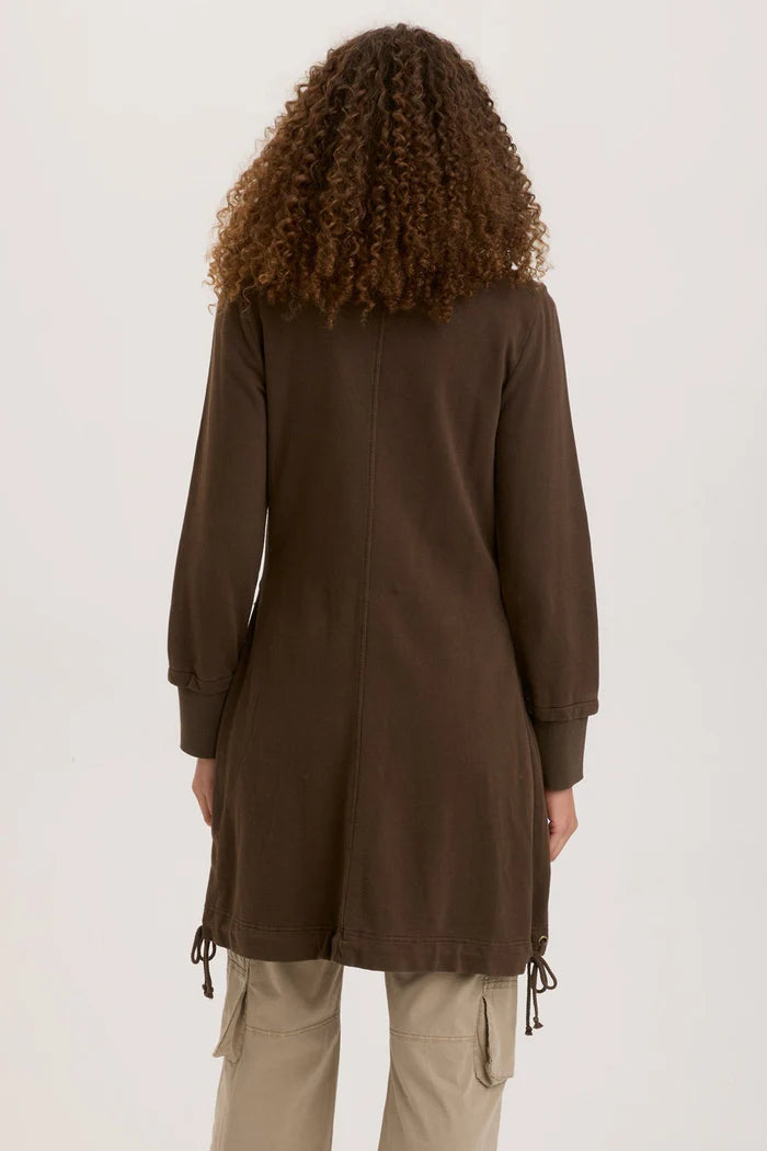 Warm Fleece Funnel Neck Long Coat in Boxwood Pigment - Perfect for Winter Outdoor Activities and Casual Wear