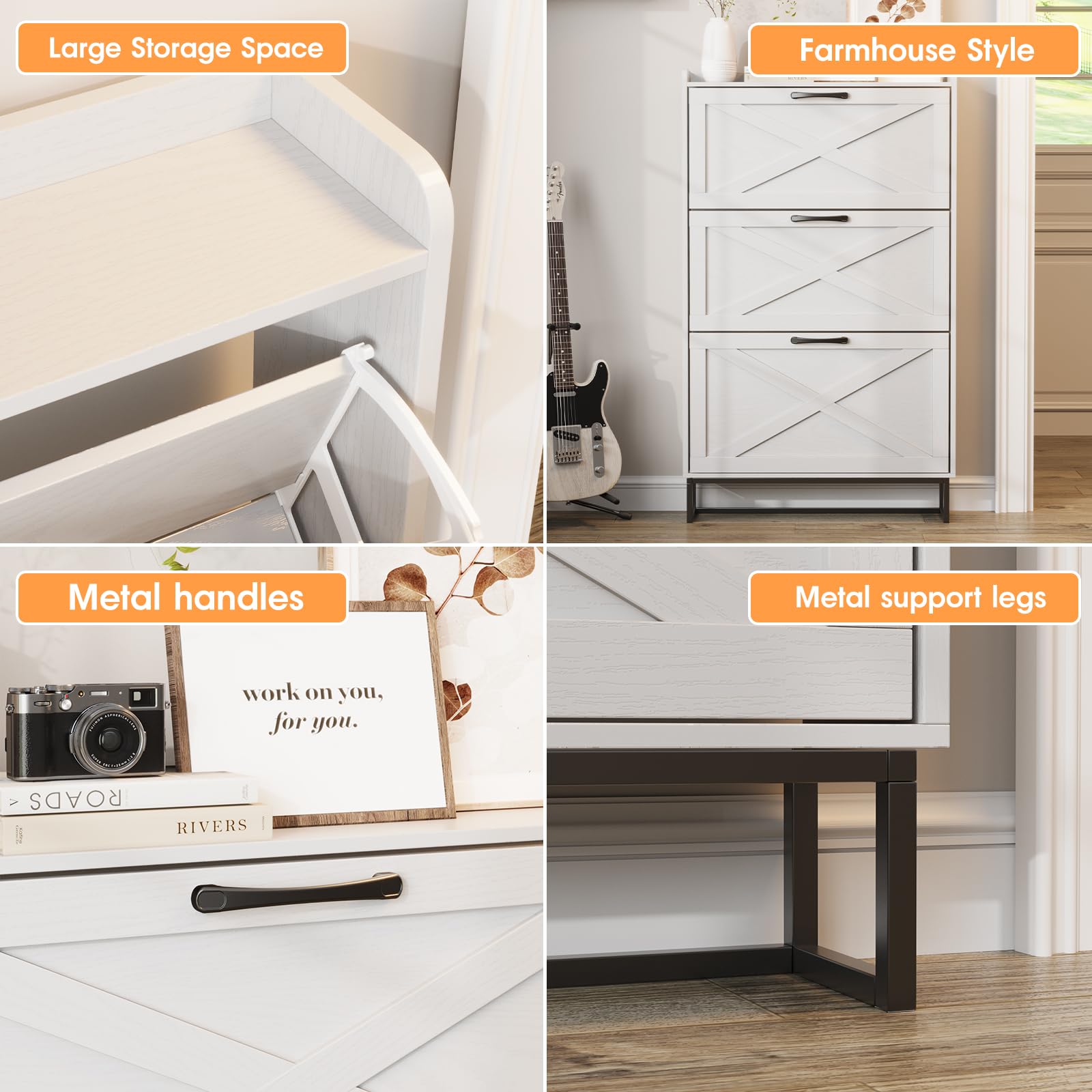 Maupvit Narrow Shoe Cabinet with 3 Flip Drawers - Slim Entryway Shoe Storage Organizer with Metal Legs, Farmhouse Style Free Standing Shoe Rack for Hallway, Living Room & Bedroom Organization