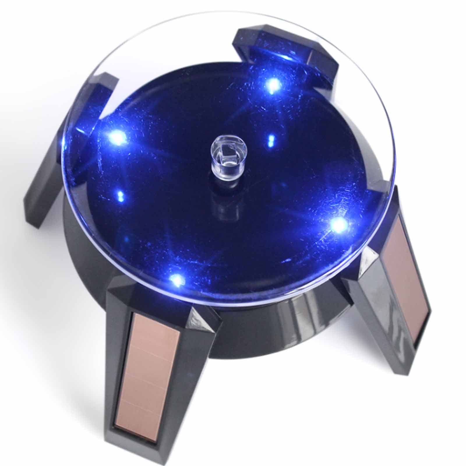 Solar Powered Rotating Jewelry Display Stand with 4 LED Lights - 360° Electric Turntable for Watch, Ring, Necklace Photography & Showcase | Perfect for Online Stores, Boutique Displays & Product Photography