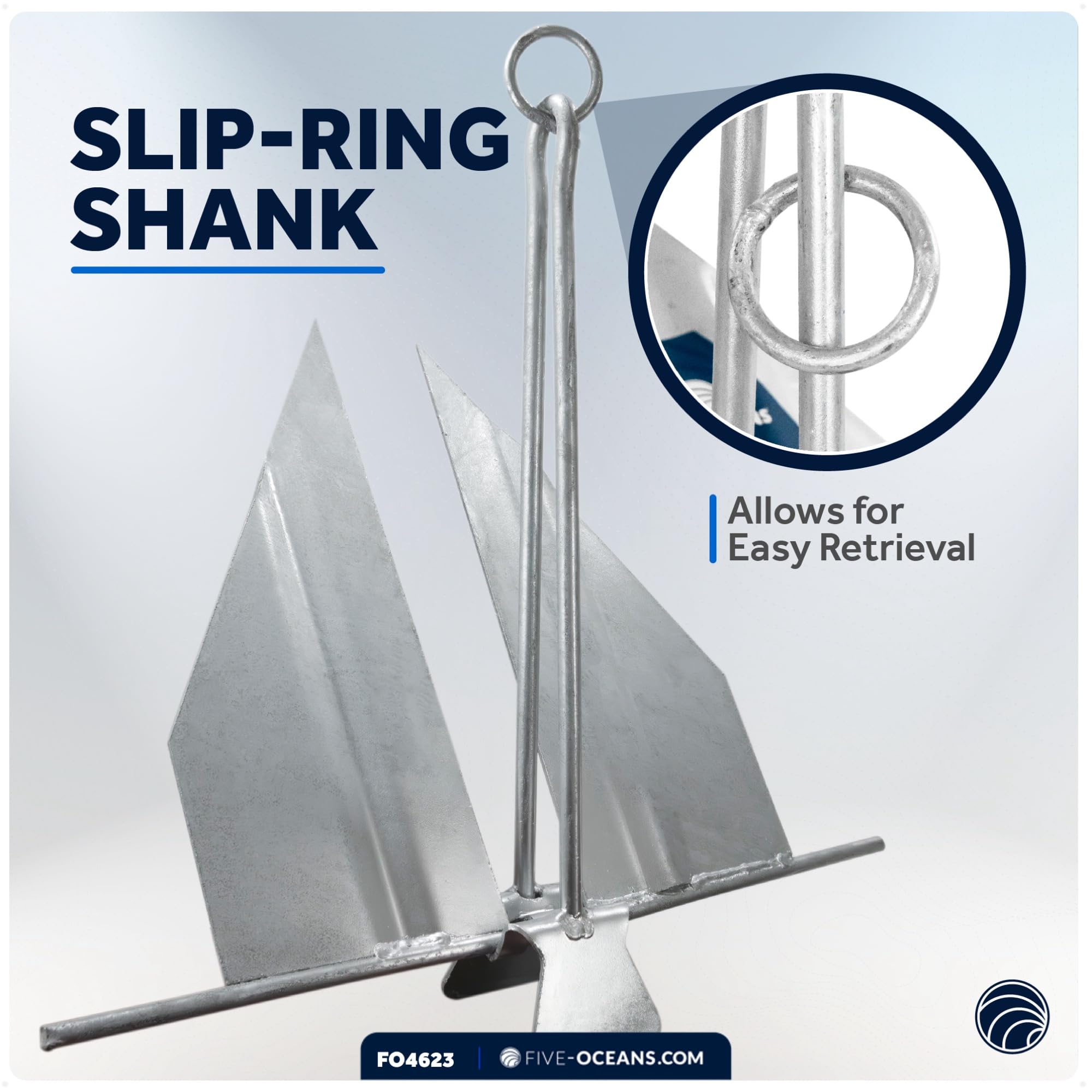 Five Oceans Heavy-Duty Galvanized Steel Fluke Boat Anchor with Slip Ring - Perfect for Kayaks, Dinghies, Paddleboards, Canoes & Personal Watercrafts (Multiple Sizes Available) - Ideal for Fishing, Boating & Water Sports Adventures