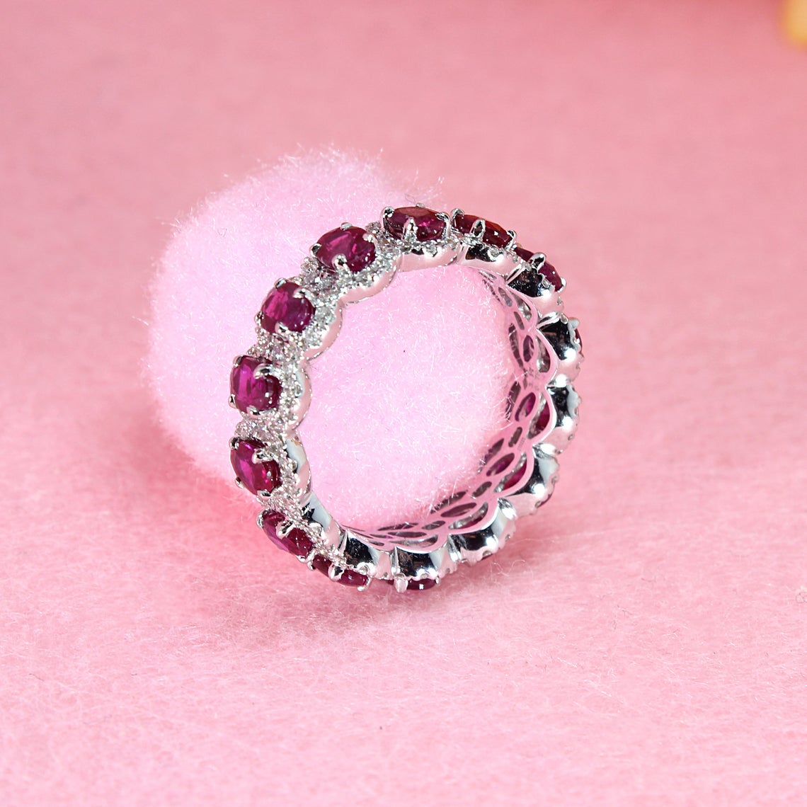 3.20 Carat Genuine Oval Ruby Eternity Ring with Diamond Halo - Perfect for Engagement, Anniversary & Special Occasion Gifts
