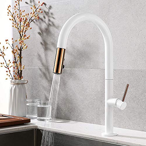 High-Pressure Pull-Down Kitchen Faucet with Spray Head - Brushed Nickel & Copper Mixer Tap - Modern Pull-Out Sink Faucet KJZY80BAI - Perfect for Cooking, Washing Dishes & Filling Pots