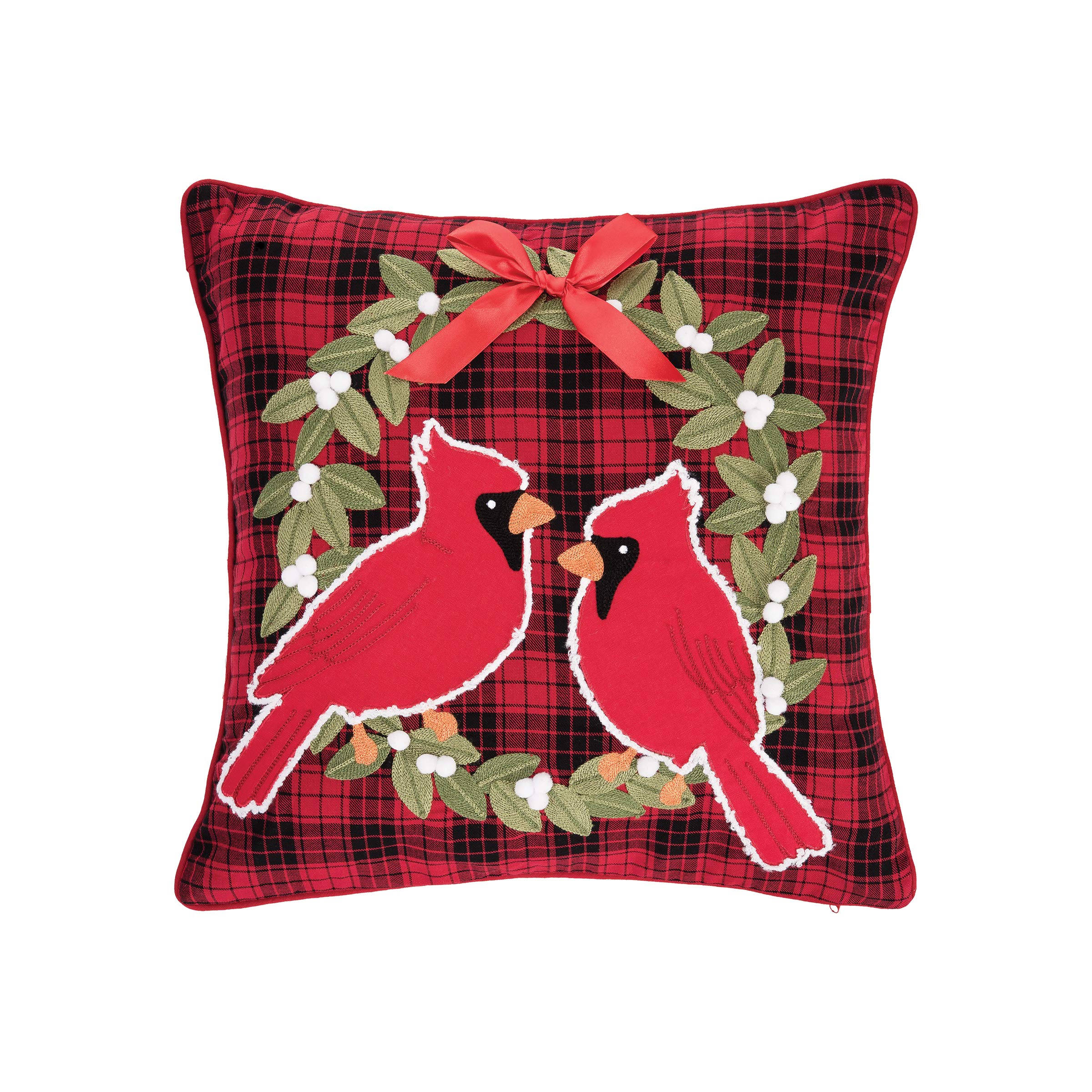 Red Cardinal Birds & Holly Wreath Christmas Throw Pillow Cover 18x18 Inch - Festive Holiday Home Decor for Sofa, Bed, Couch - Plaid Pattern Accent Pillow for Xmas Living Room Decorations