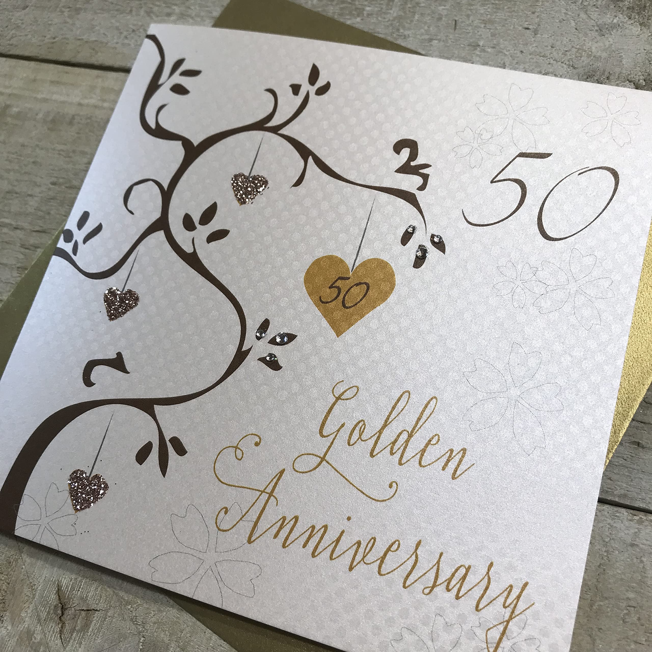 Golden Wedding Anniversary Card - Handmade 50th Anniversary Tree Greeting Card (Code AB50) - Perfect for Spouses, Couples & Golden Anniversary Celebrations
