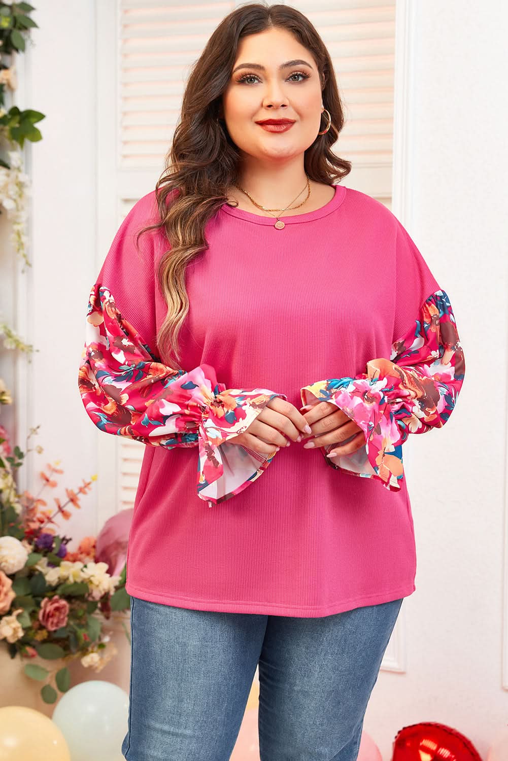 Bright Pink Plus Size Floral Top for Women - Stylish & Comfortable Blouse for Casual Outings & Summer Parties