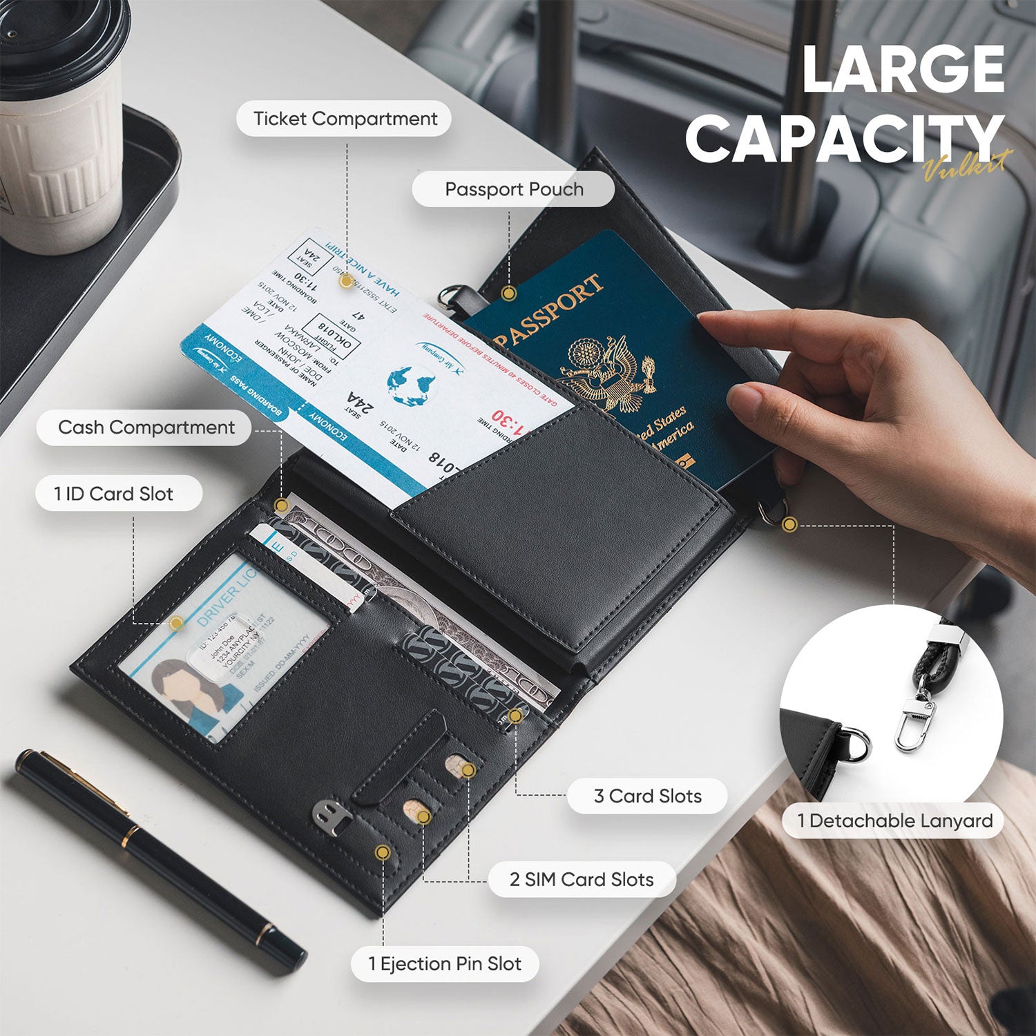 VPW105 RFID Blocking Leather Passport Holder Wallet with Lanyard - Secure Travel Essentials for Airports, Hotels & International Trips