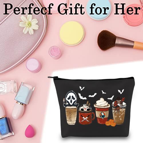 BLUPARK Horror Coffee Cosmetic Bag - Halloween Makeup Pouch for Horror Movie Fans - Spooky October Gift with 3 Pumpkin Designs - Perfect for Halloween Parties, Cosplay Events & Horror Conventions