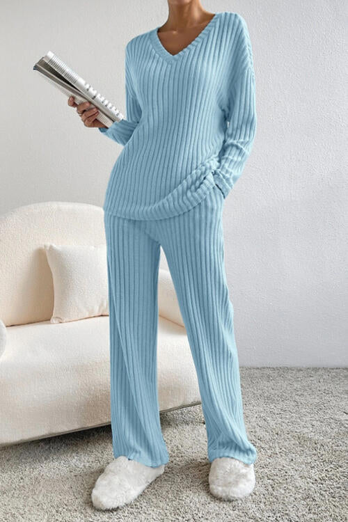 Stylish Ribbed V-Neck Top & Pants Set for Women - Comfortable Casual Outfit for Work, Date Night & Everyday Wear