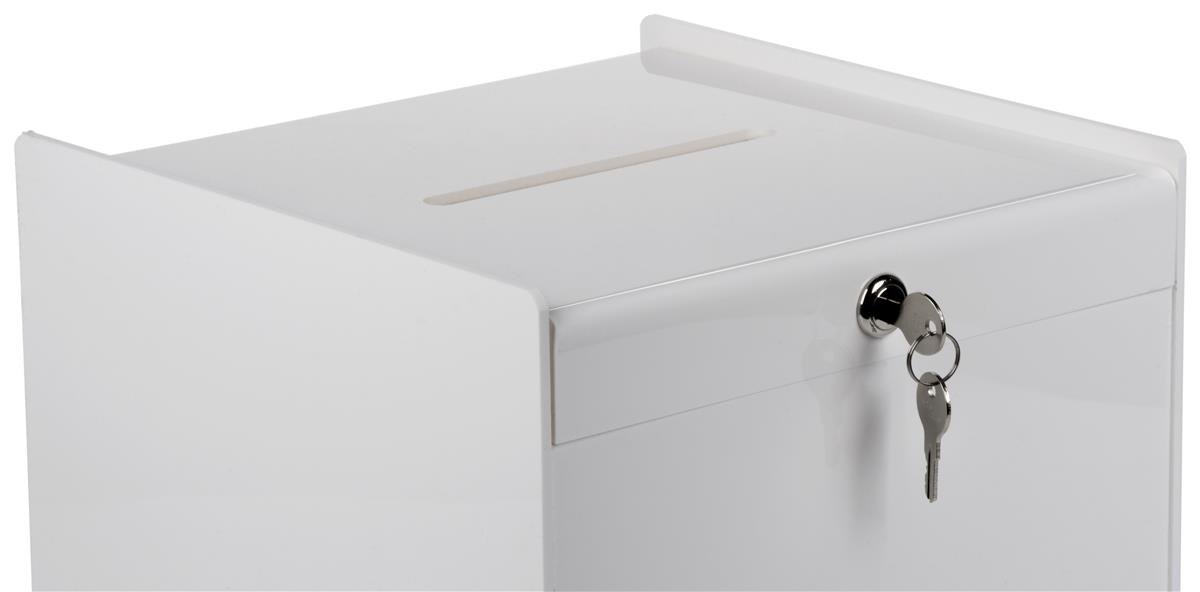 Displays2go 12-Inch Acrylic Cube Ballot Box with Key Lock & Front Brochure Pocket - Secure Voting, Donation Collection, Event Fundraising (White, BBWT) - Perfect for Elections, Charity Events, and School Activities