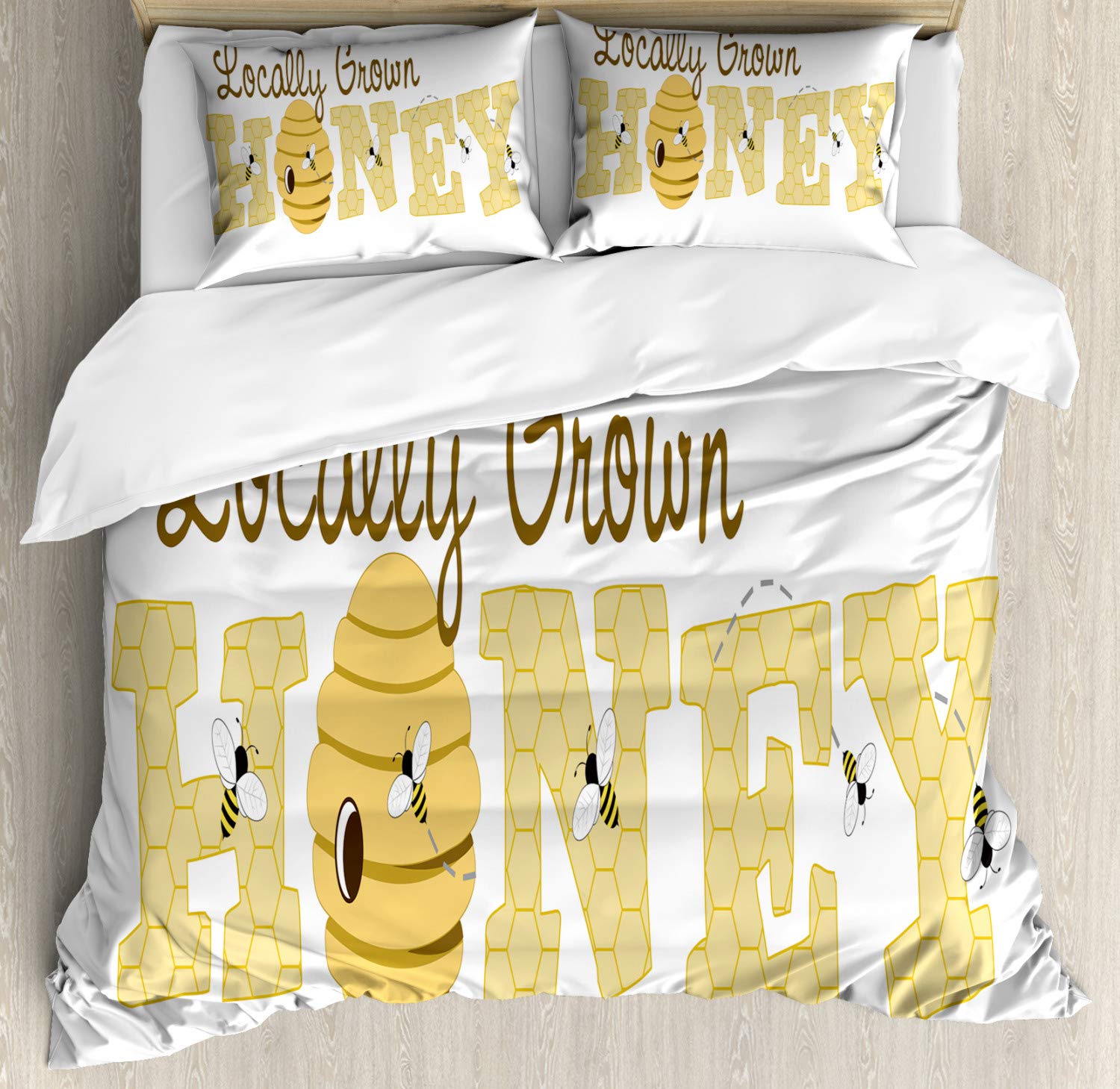 Ambesonne Honey Bee Duvet Cover Set - King Size Dark Cocoa Mustard for Cozy Bedroom Decor