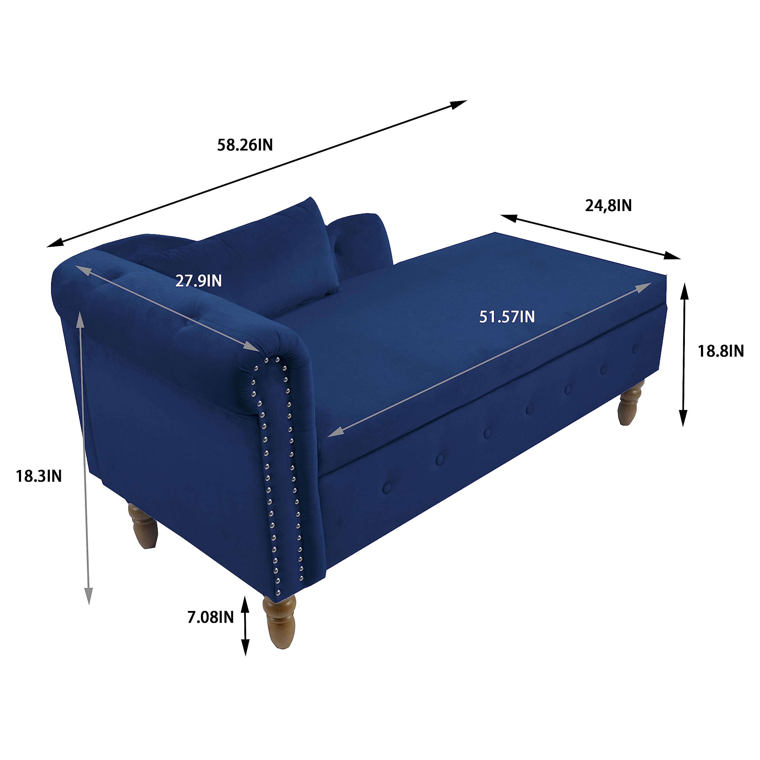 Warmiehomy Velvet Chaise Lounge Chair with Pillow - Modern Upholstered Rolled Arm Storage Ottoman for Bedroom, Living Room & Office - Navy Blue with Nailhead Trim | Perfect for Relaxing, Reading & Napping